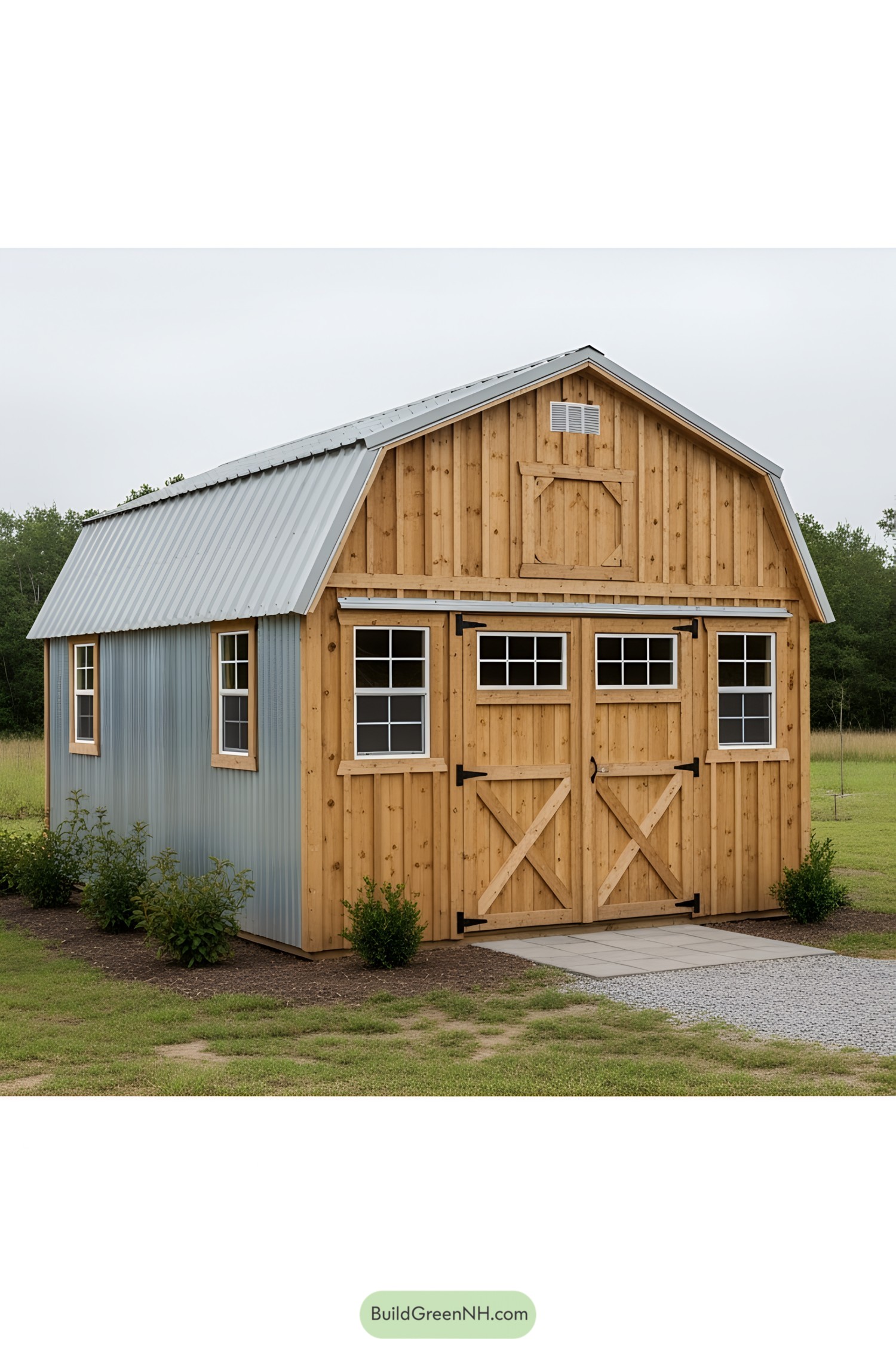 Rustic wooden shed with metal roof in a grassy field