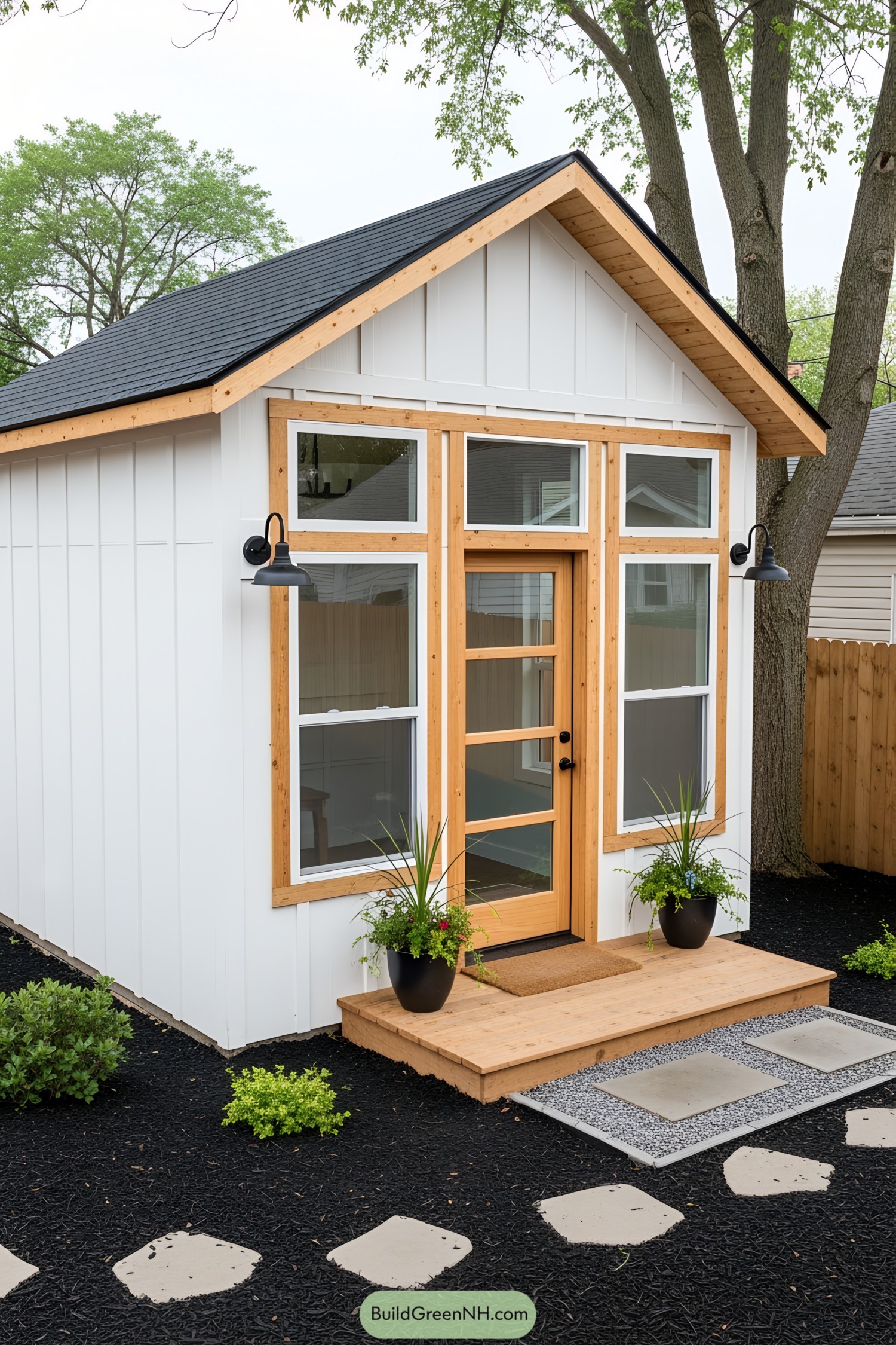 Shed office with modern design and plants