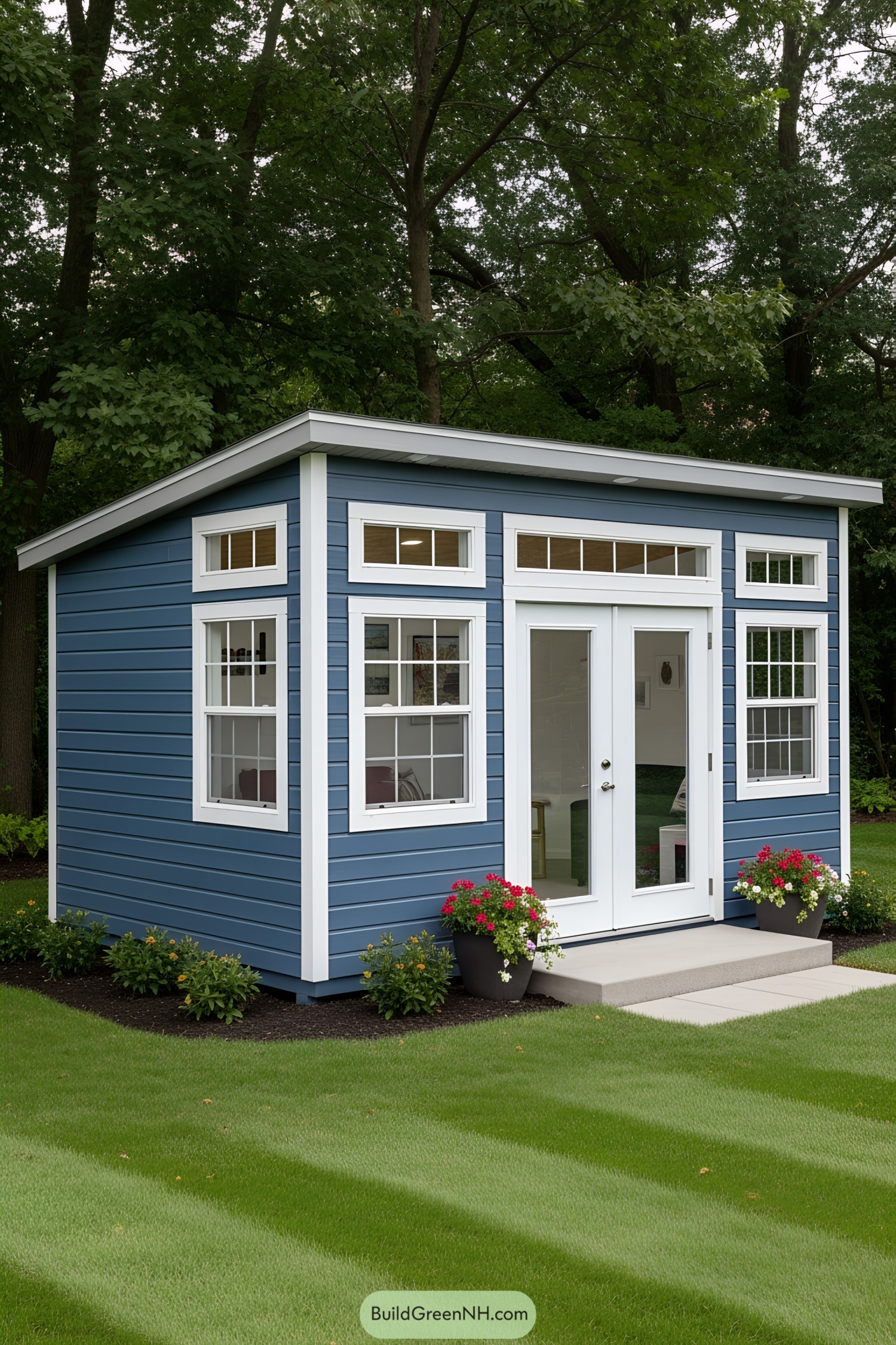 Stylish blue shed office in a lush backyard