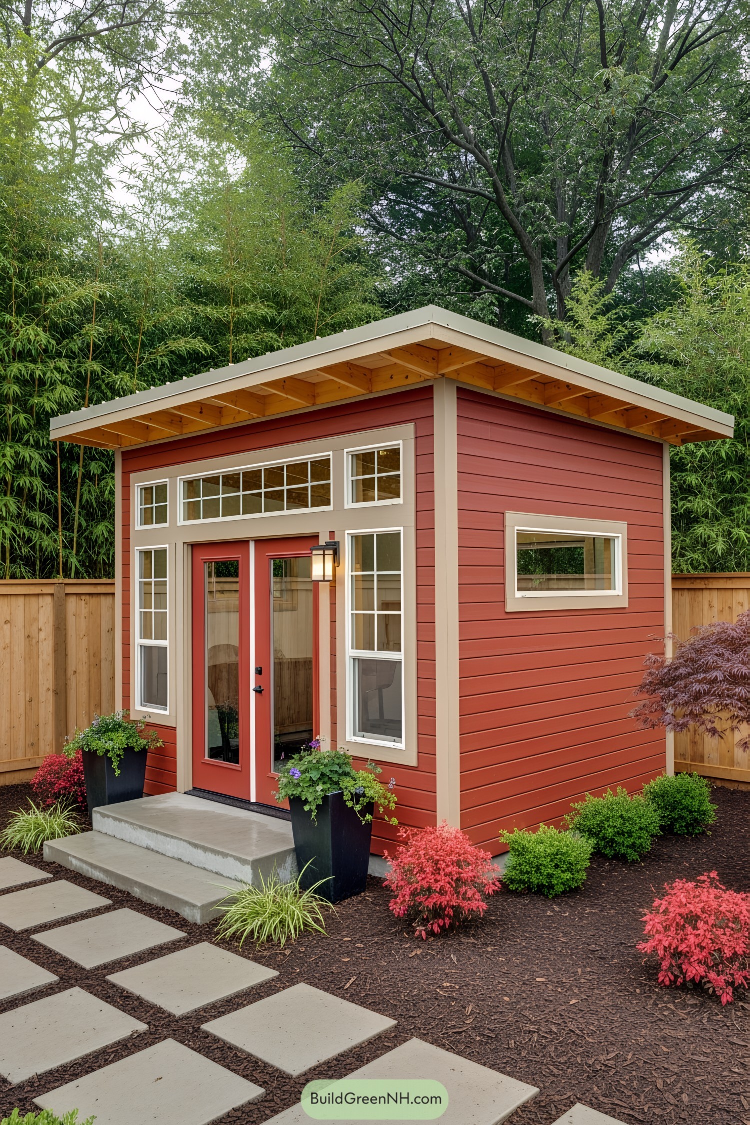 Red shed office with large windows and lush garden