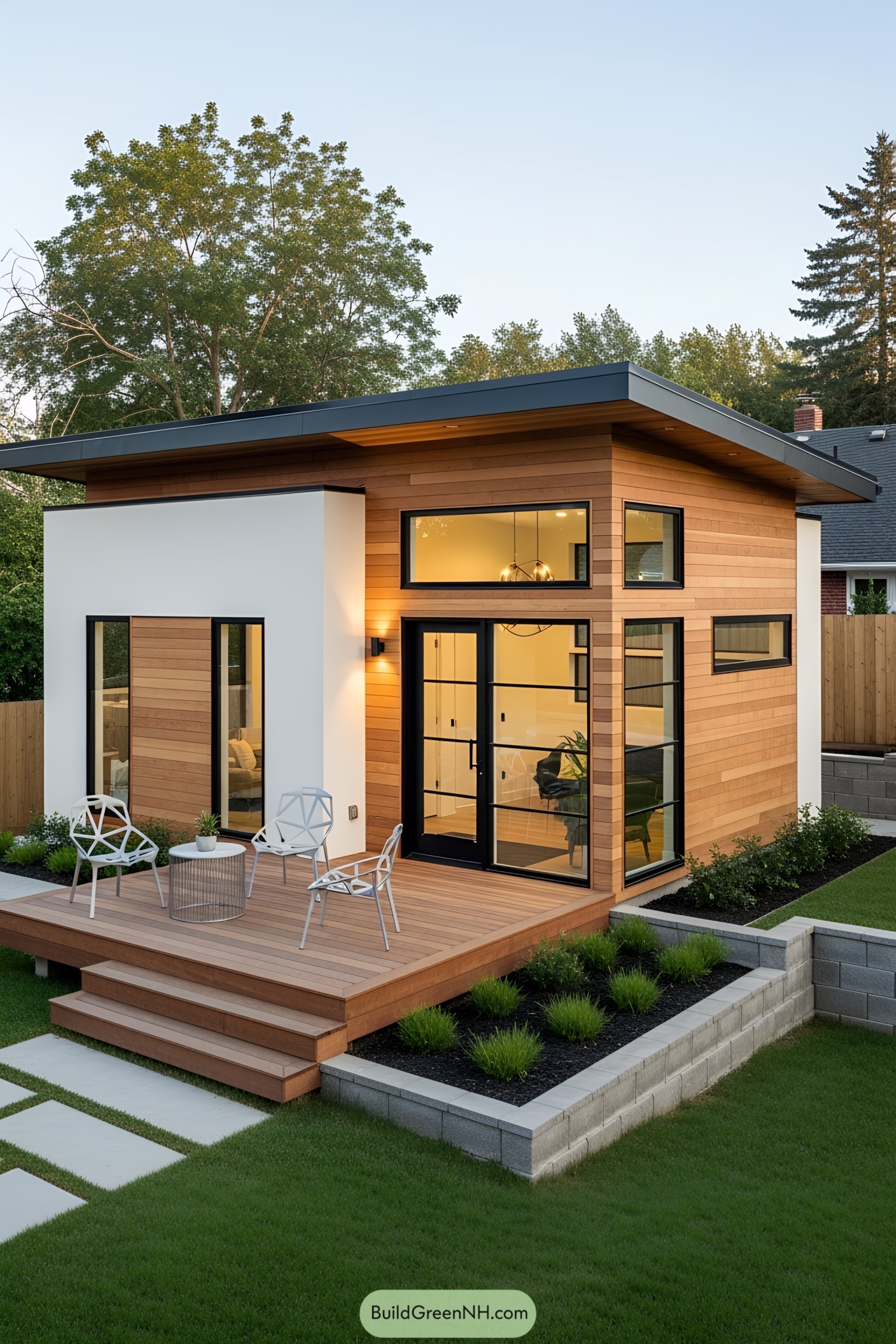 Modern shed office with wooden exterior and glass doors