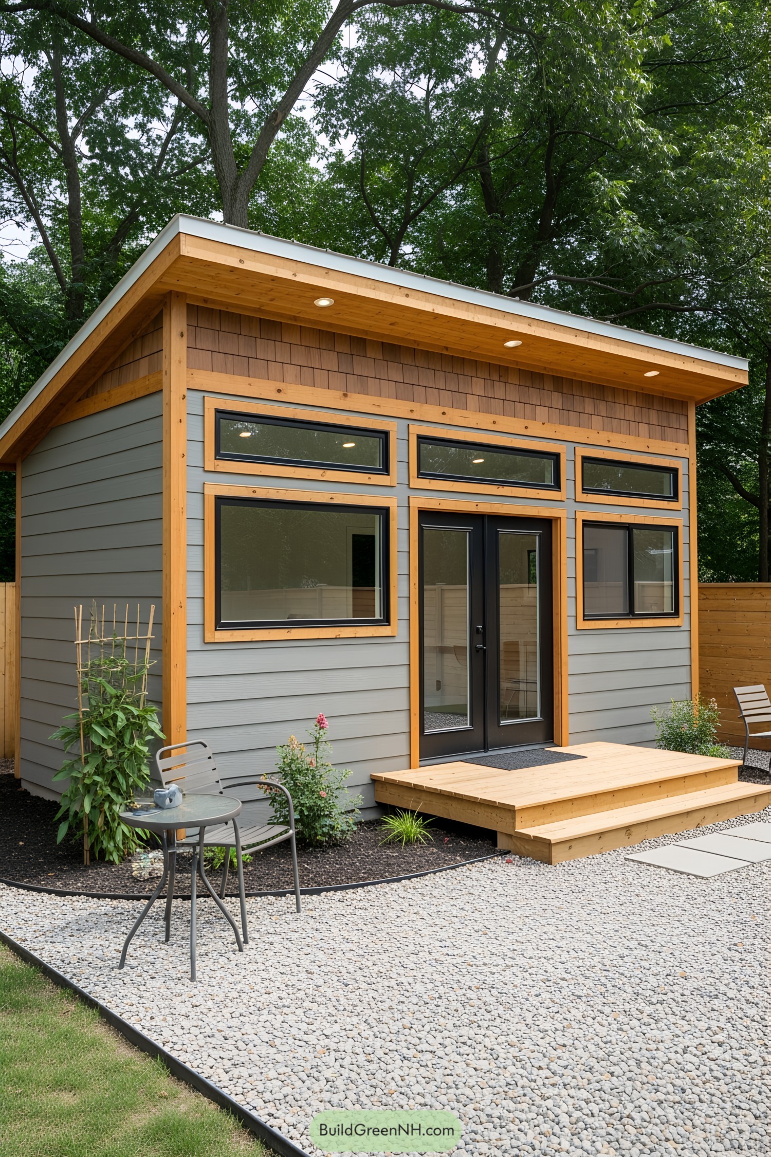 Modern backyard shed office with wooden accents and large windows