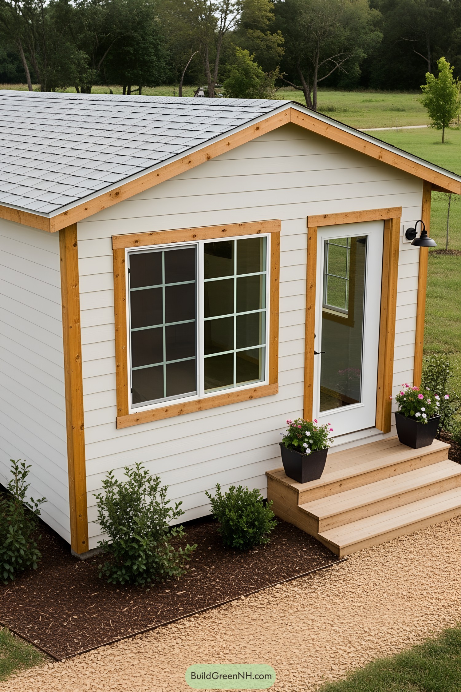 Small white shed office with wooden accents, surrounded by greenery