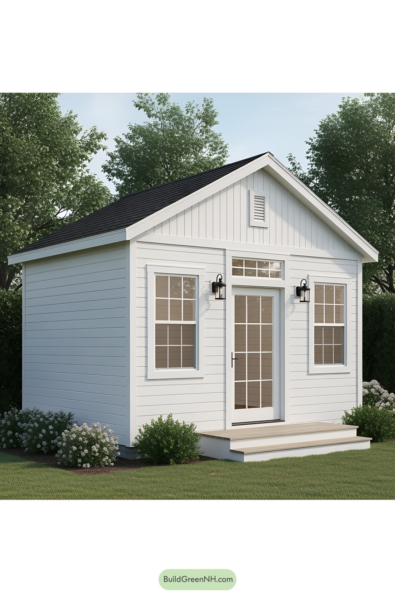 White shed office with steps in a garden setting