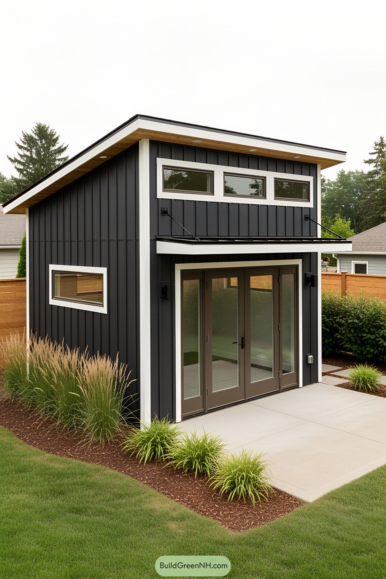 Small dark gray shed office with large windows