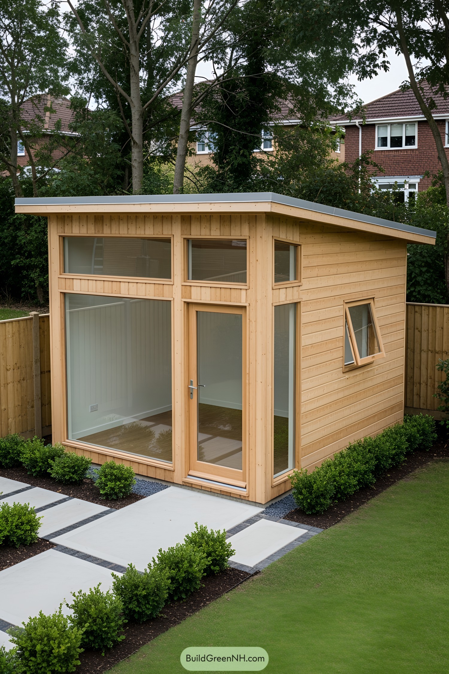 Small modern shed office with large windows and lush greenery