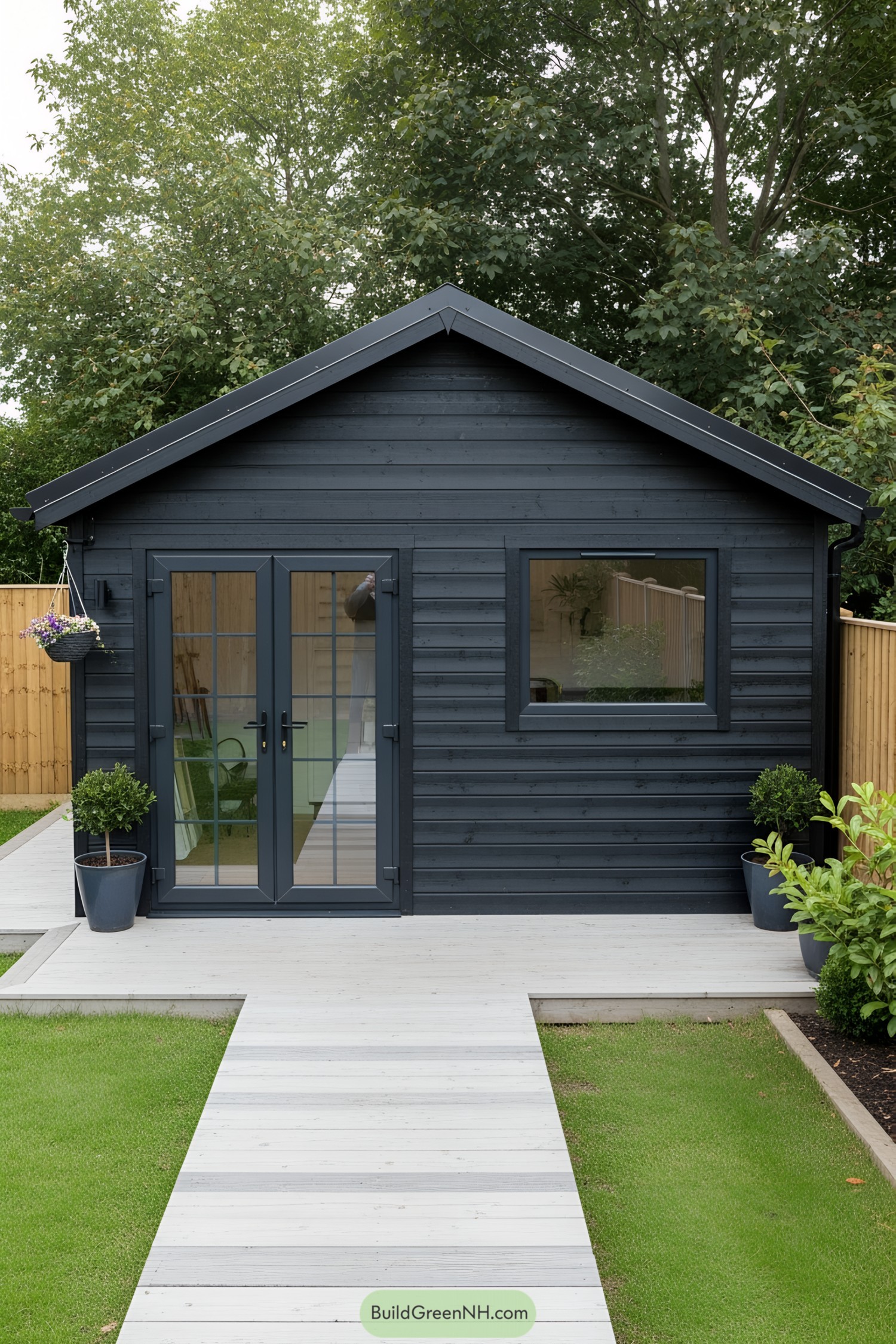 Modern backyard shed with dark wood siding and glass doors