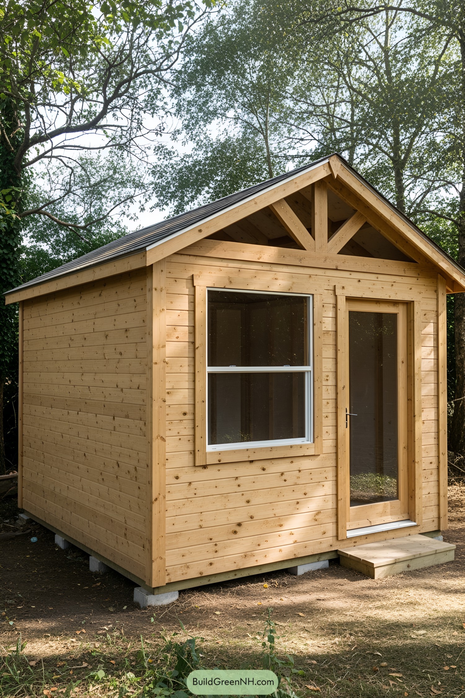 Small wooden shed office surrounded by trees