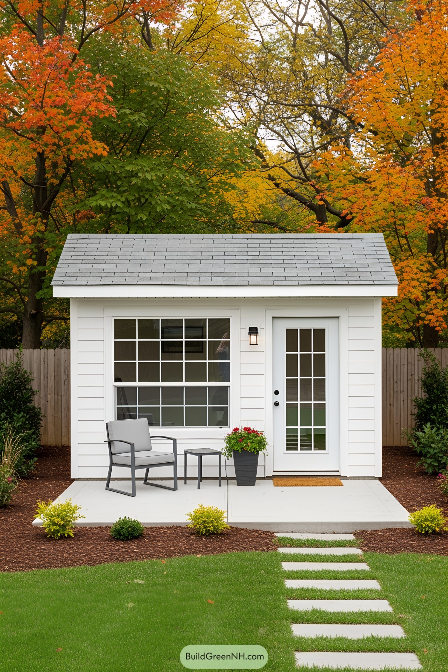 White shed office with a glass door and window, surrounded by autumn trees