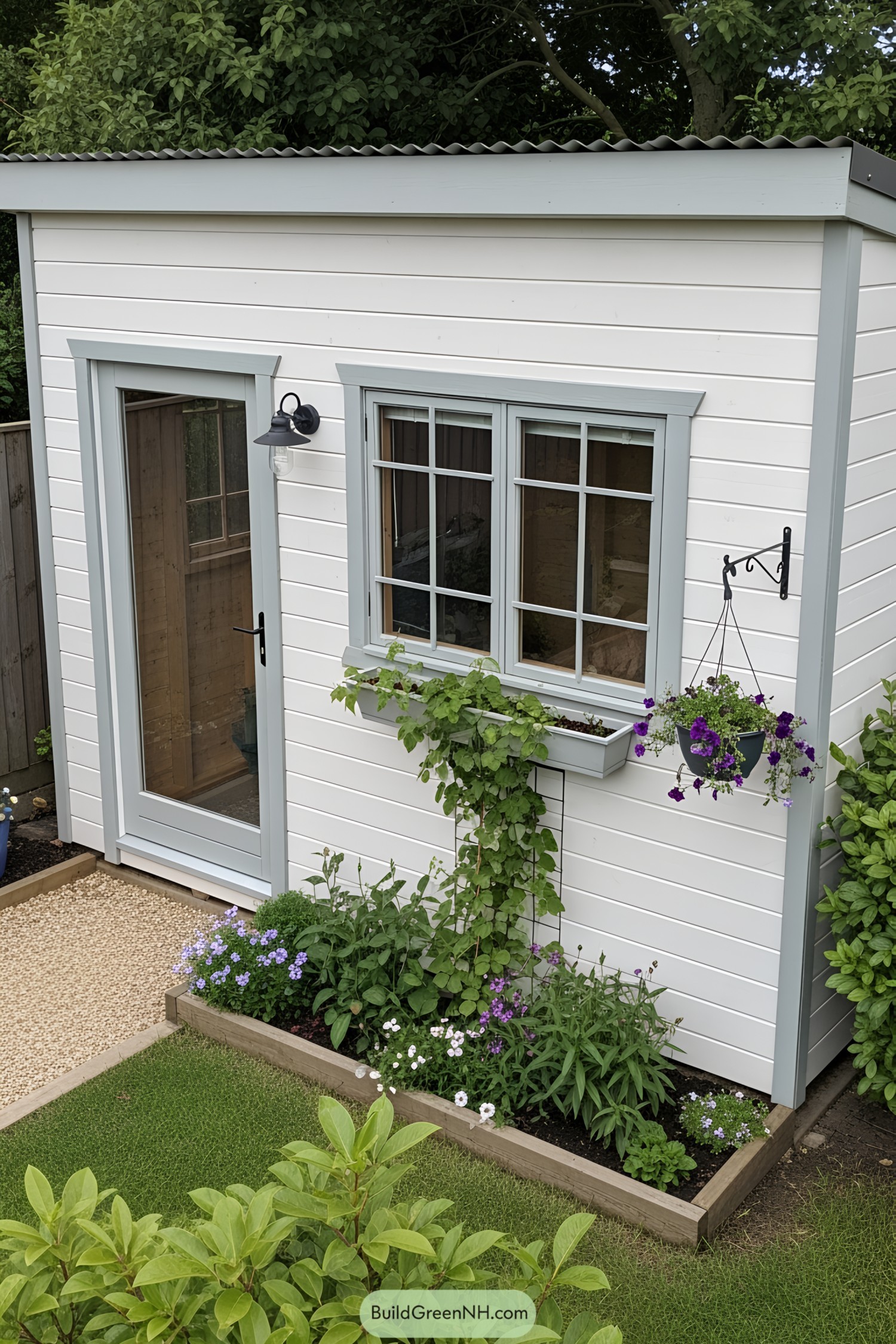 White shed office with plants and hanging flowers