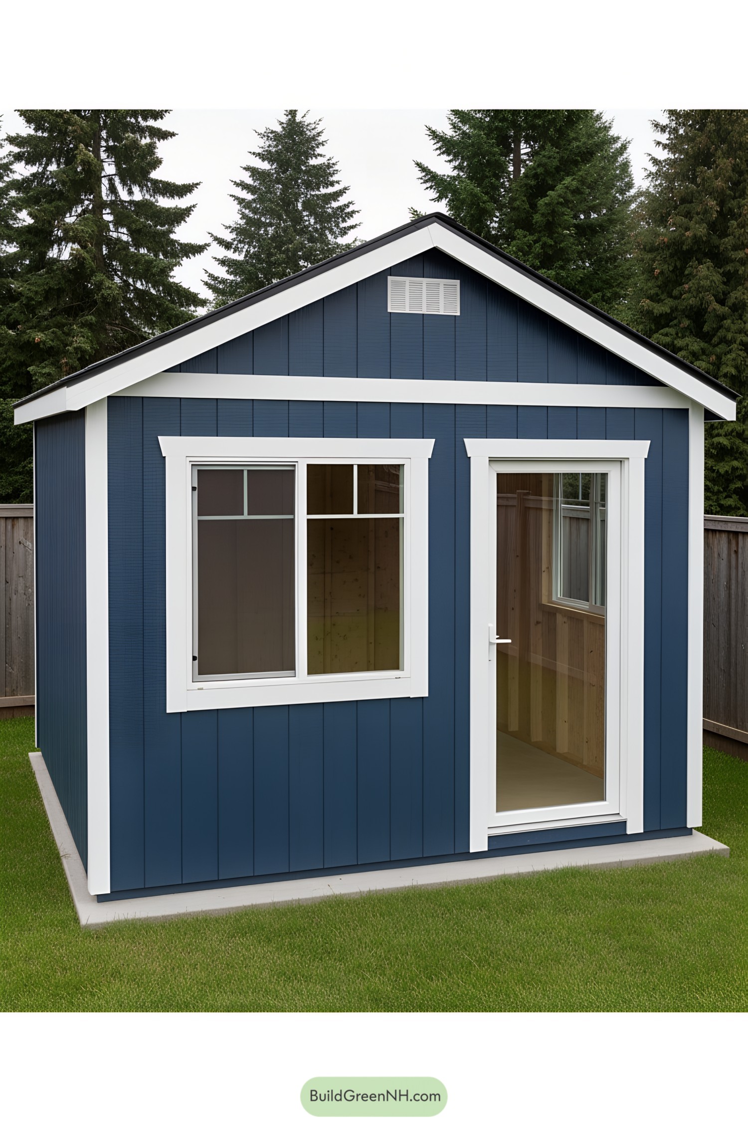 Small blue shed office with glass door and window