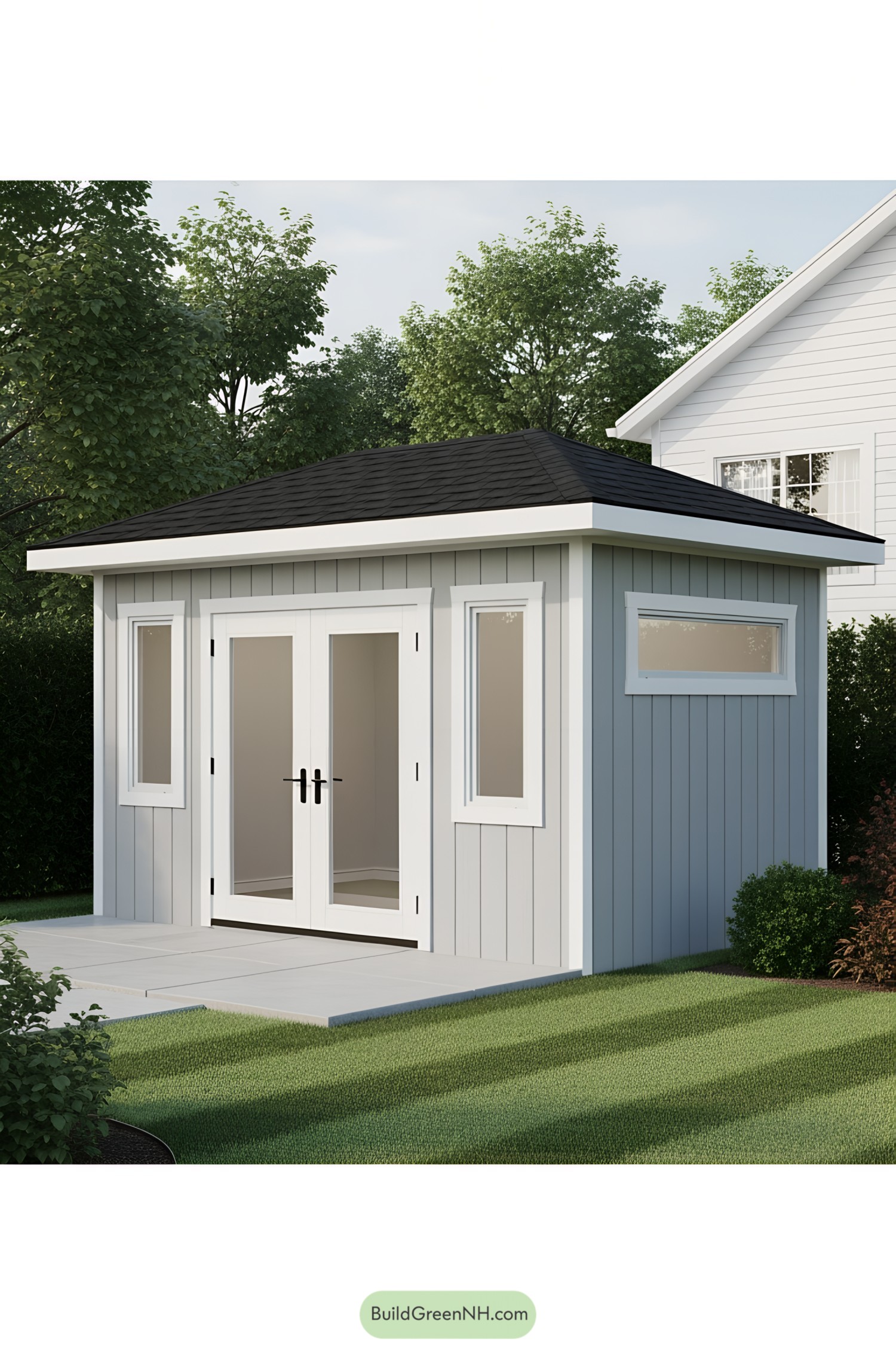 Small backyard office shed with sleek design and large windows