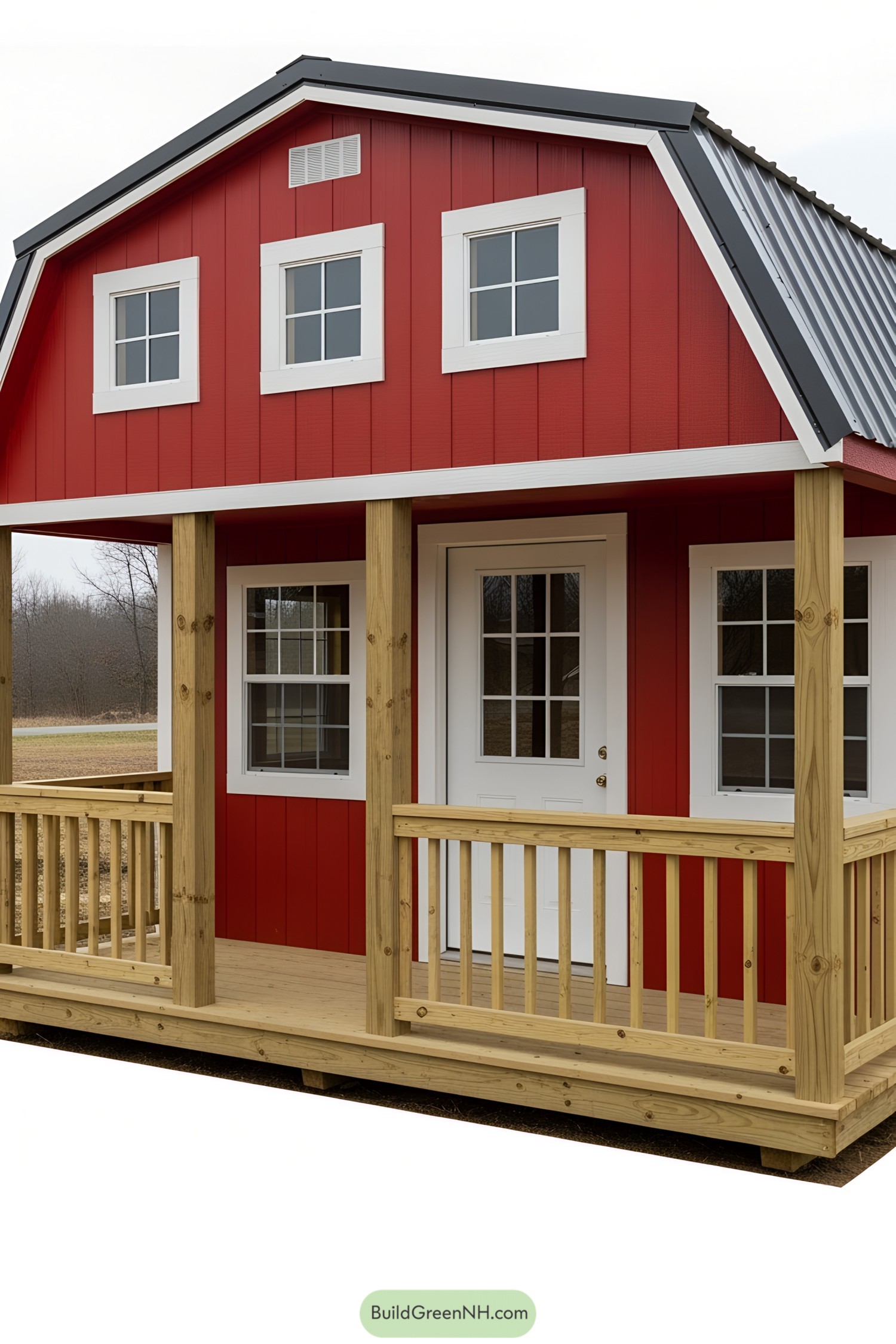 Red shed with porch, white trim, and rustic wooden rails