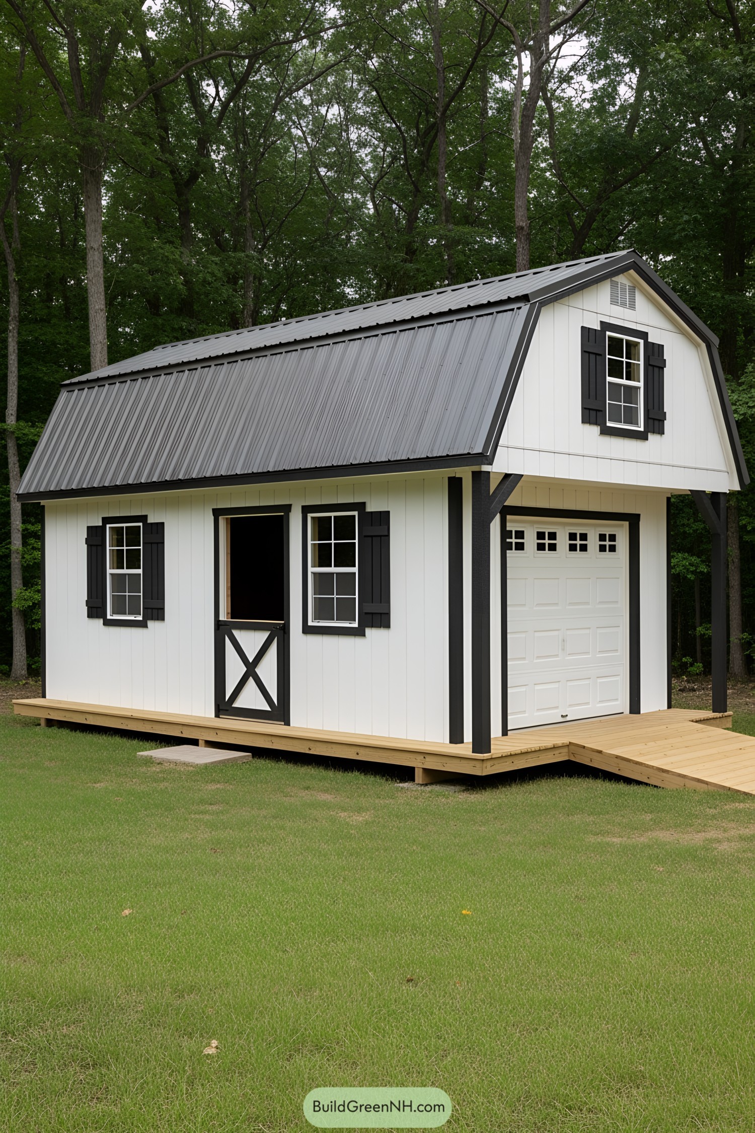 A black-and-white shed with a porch in a green forest