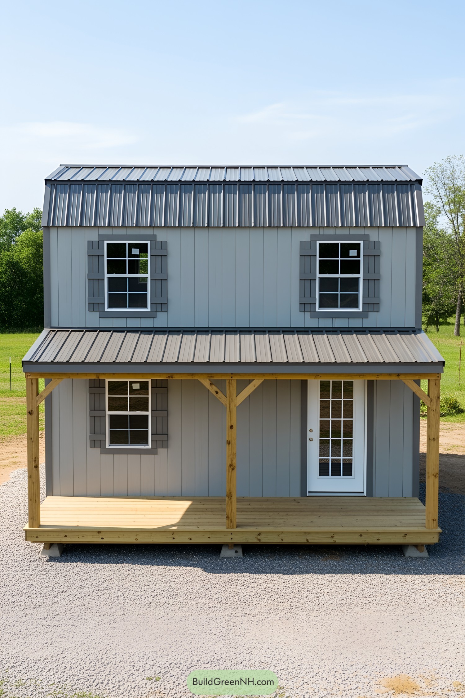 Compact gray shed with a small wooden porch