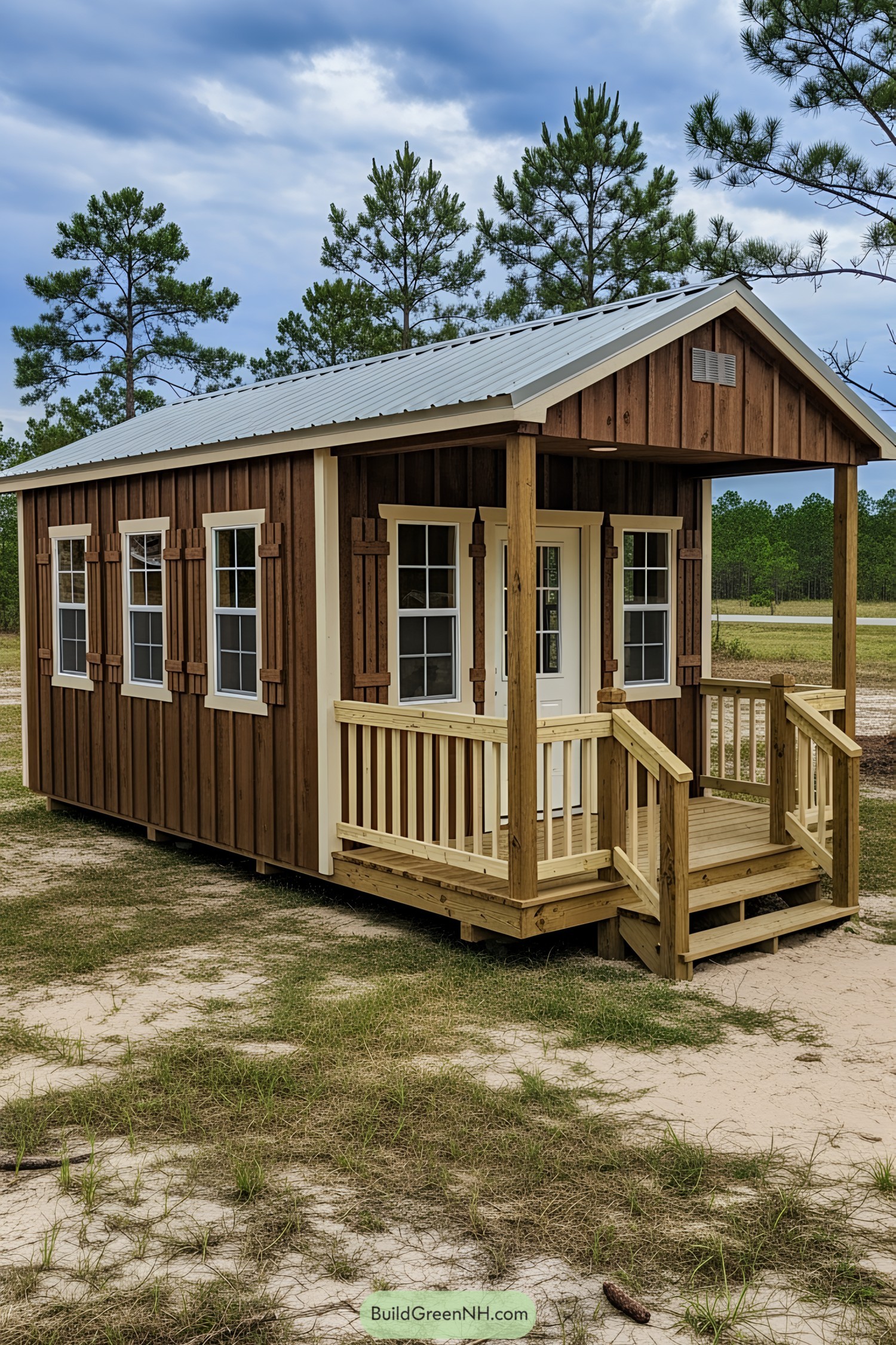 Small wooden shed with porch and white trim