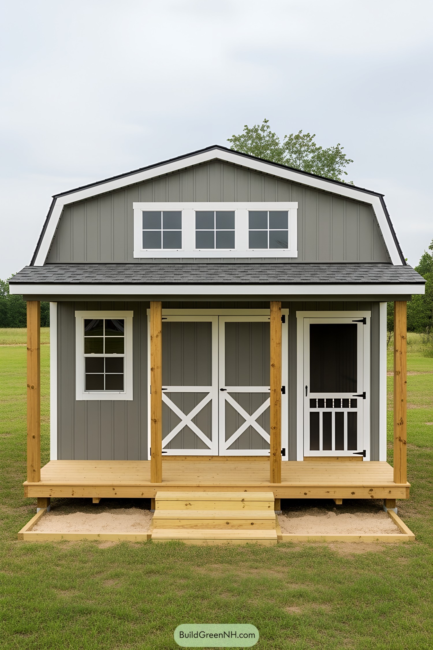 Small shed with a porch and barn-style doors