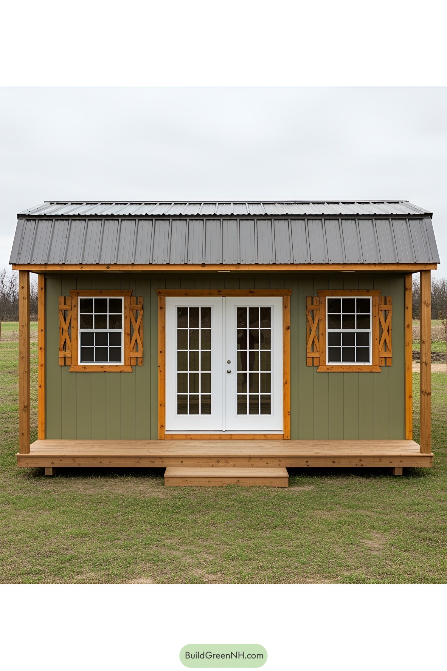 Cozy green shed with a charming porch