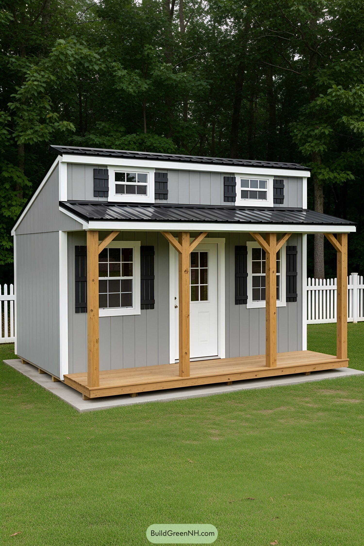 Small gray shed with a wooden porch