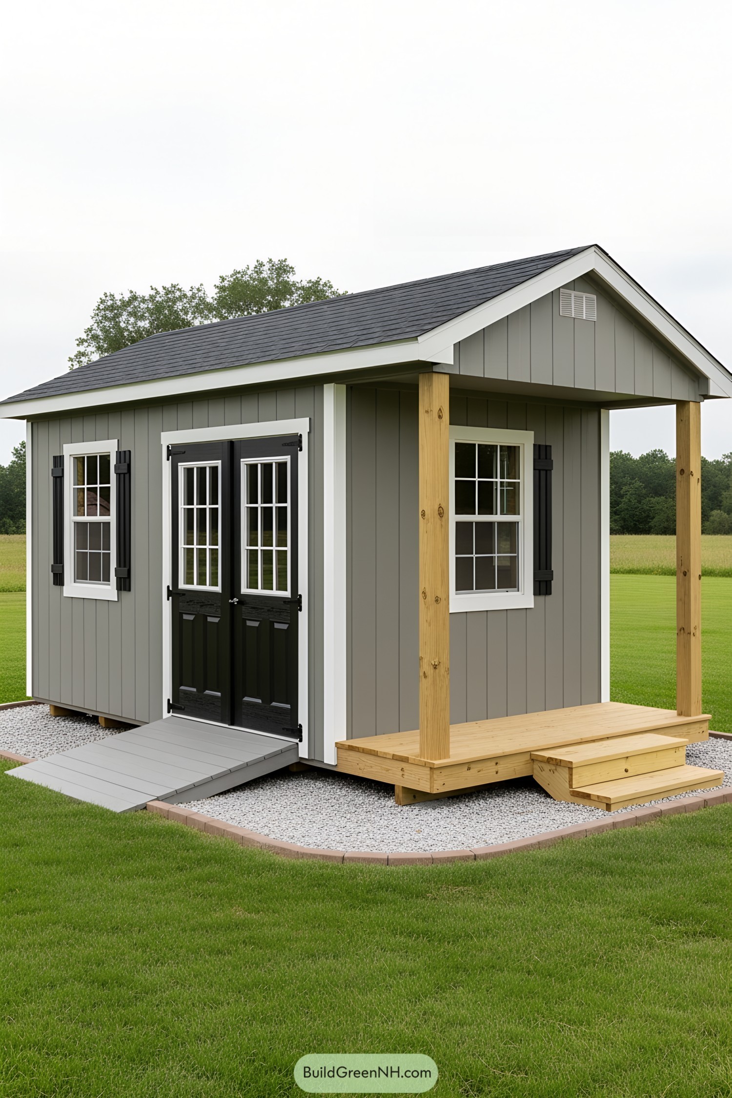 Gray shed with porch and wooden accents in a lush setting