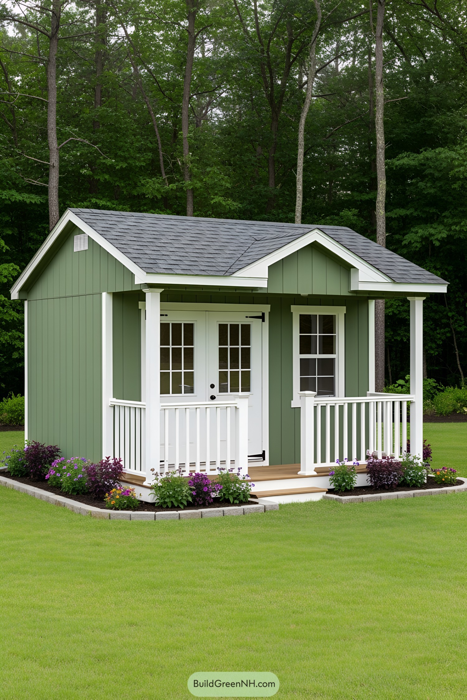 Green shed with a small porch in a garden setting