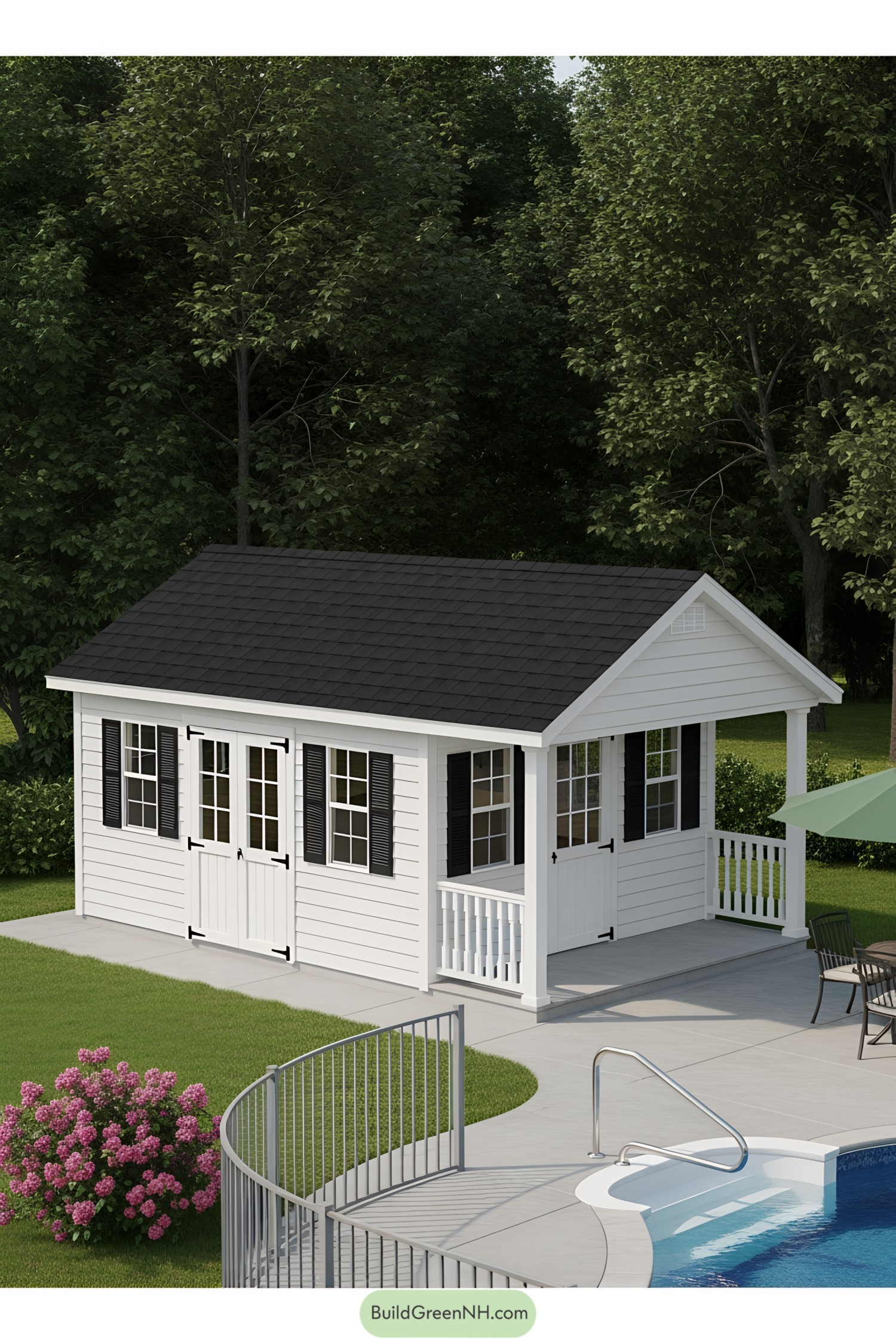 White shed with a porch next to a pool