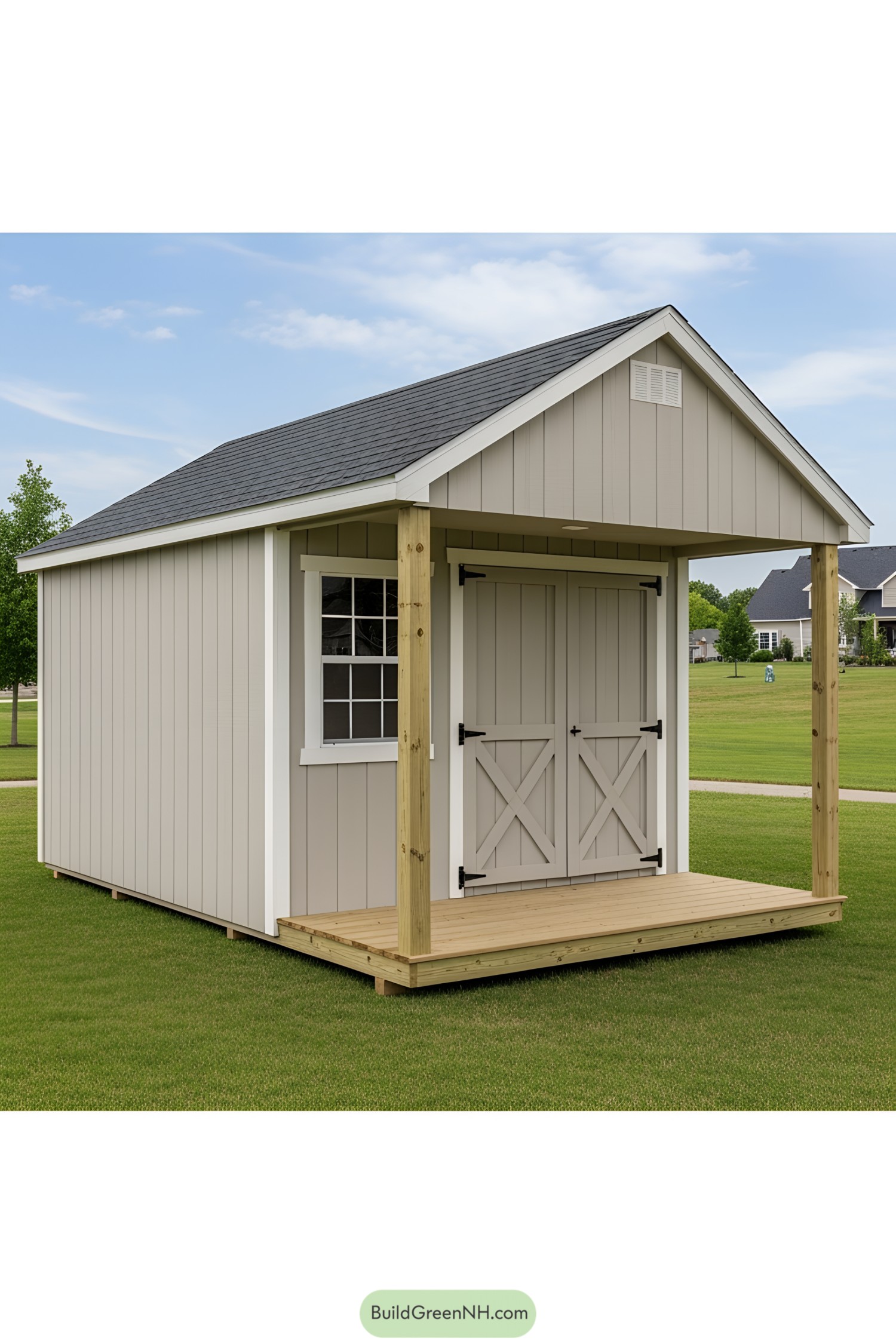 Small beige shed with a charming front porch