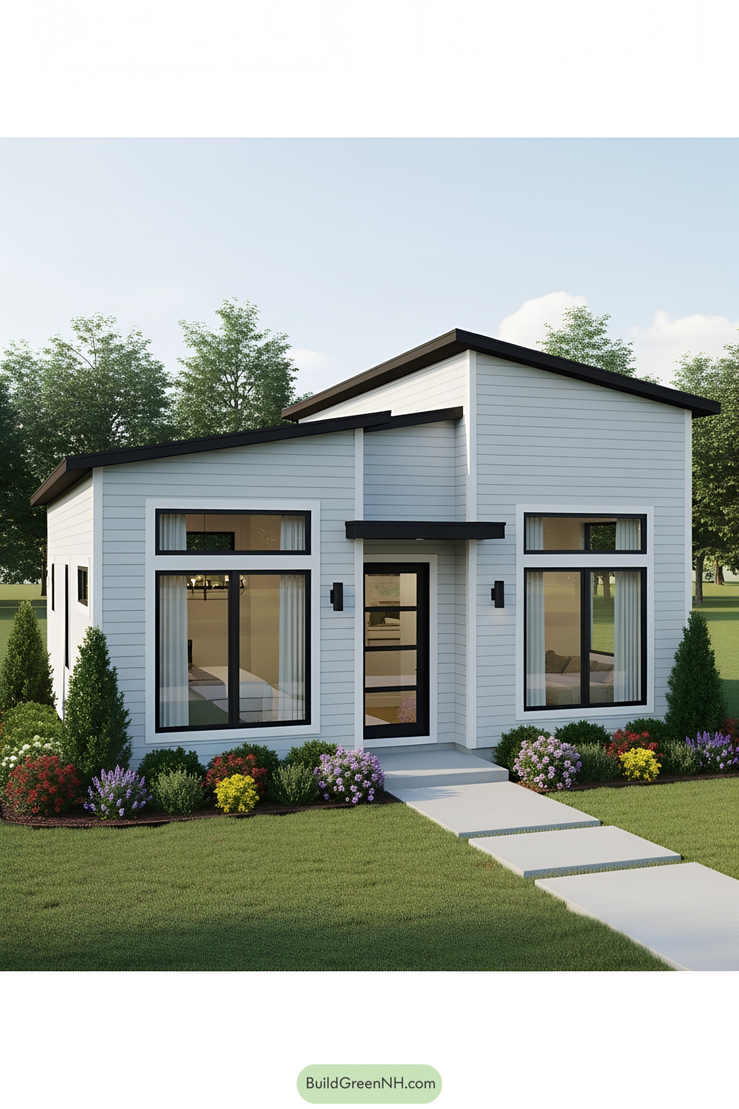 Compact modern house with large windows and lush garden