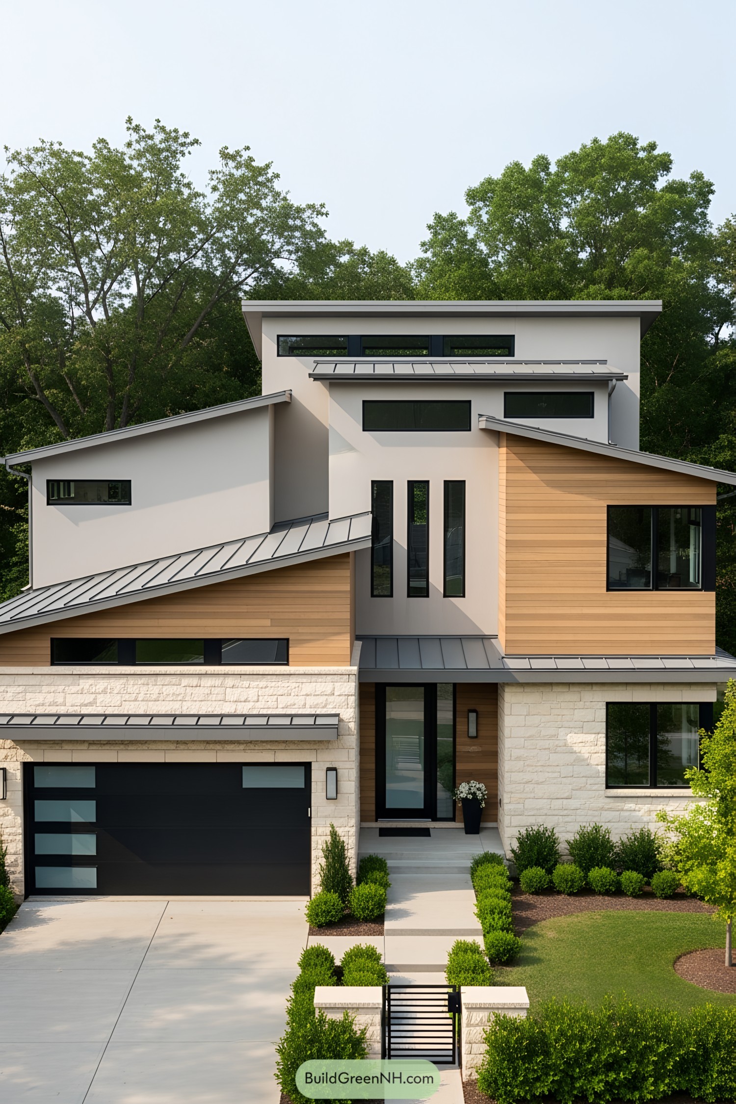 Modern house with varied rooflines and wooden accents