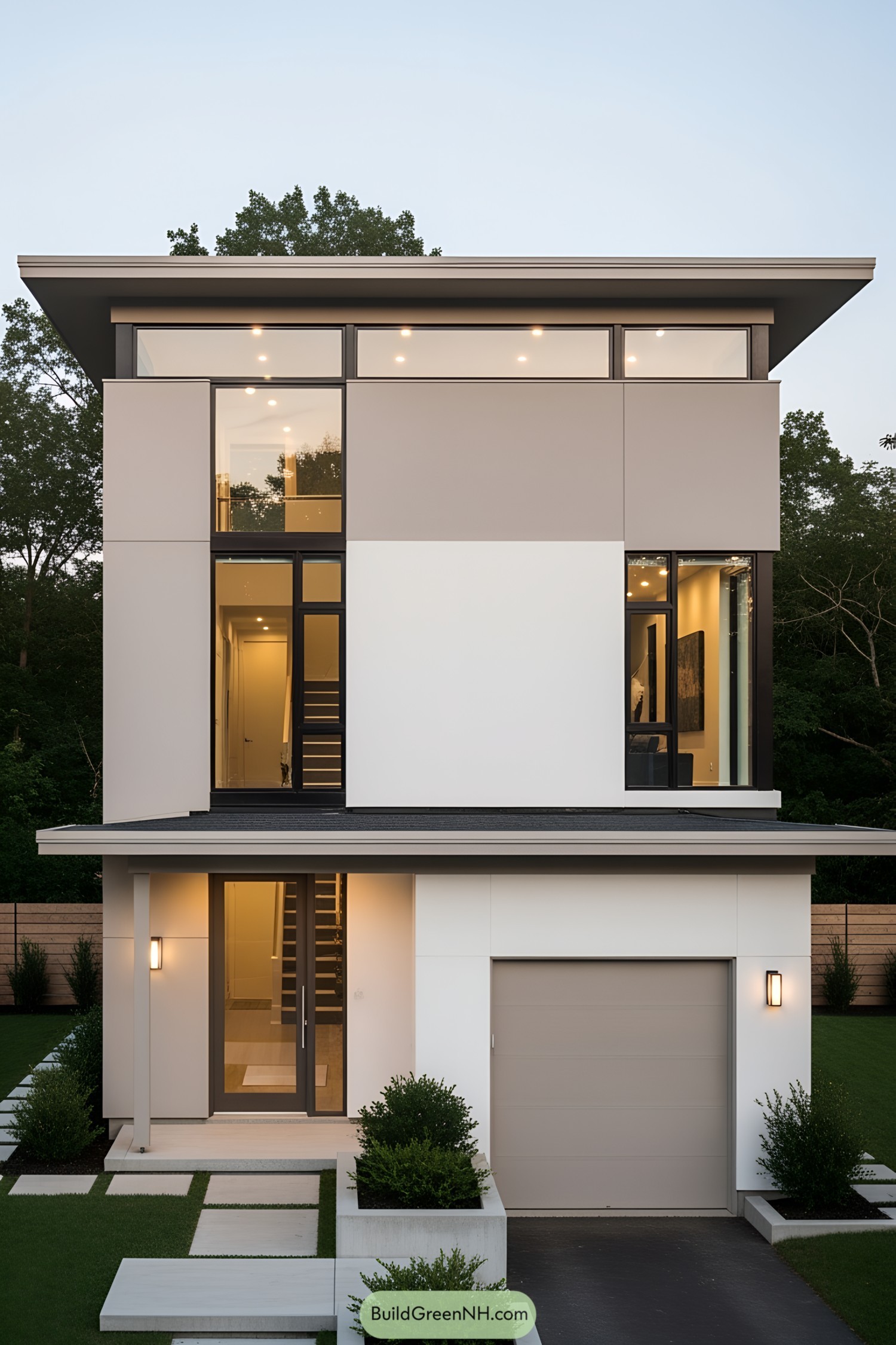 Two-story modern house with large windows and lush greenery