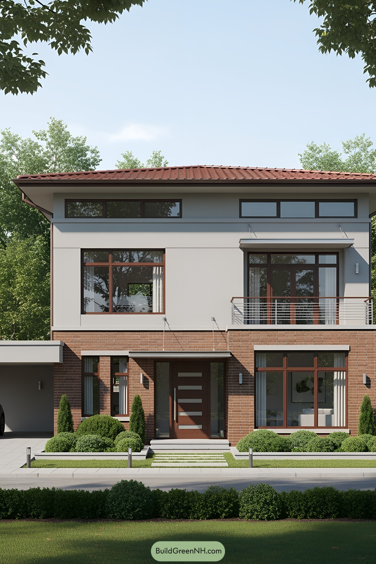 Chic modern house with large windows and a red roof