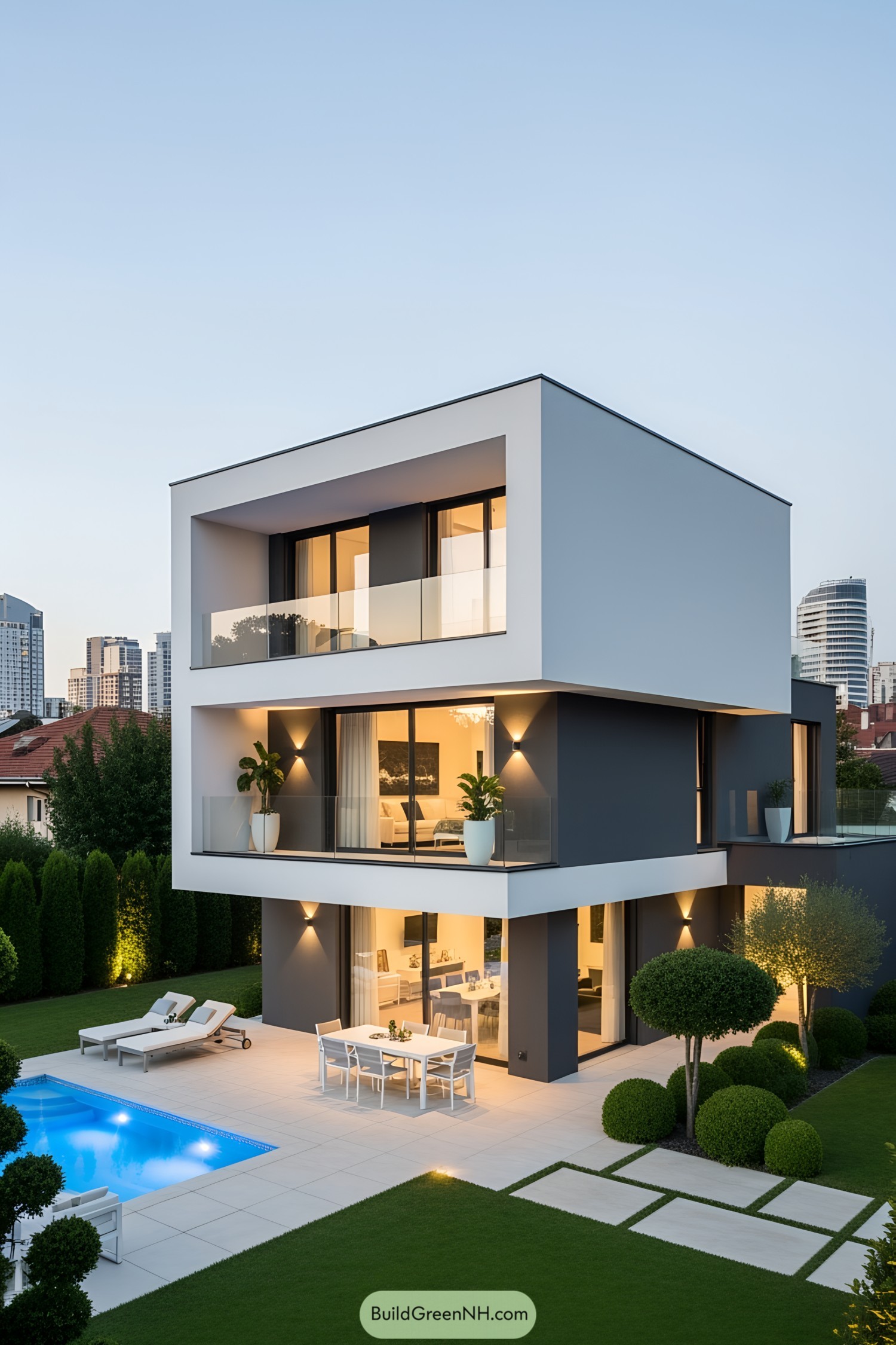 Modern white house with large windows and a cozy patio by a glowing pool