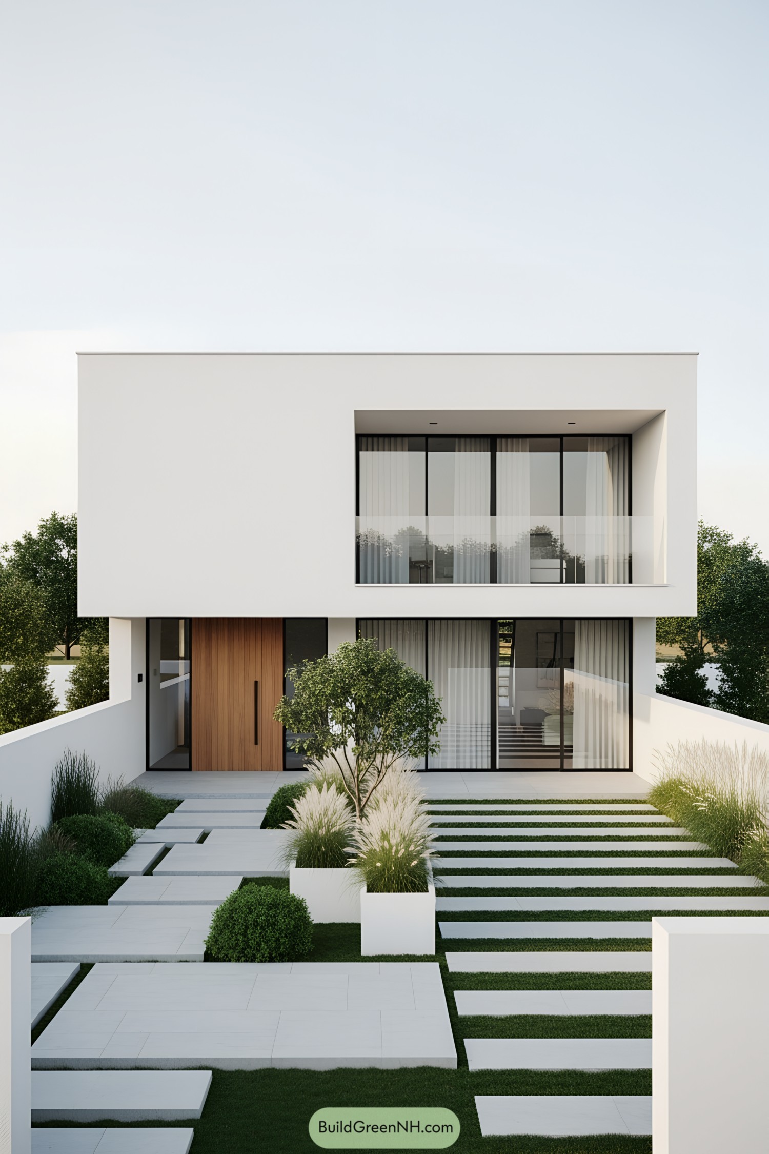 Contemporary white house with minimalist landscaping