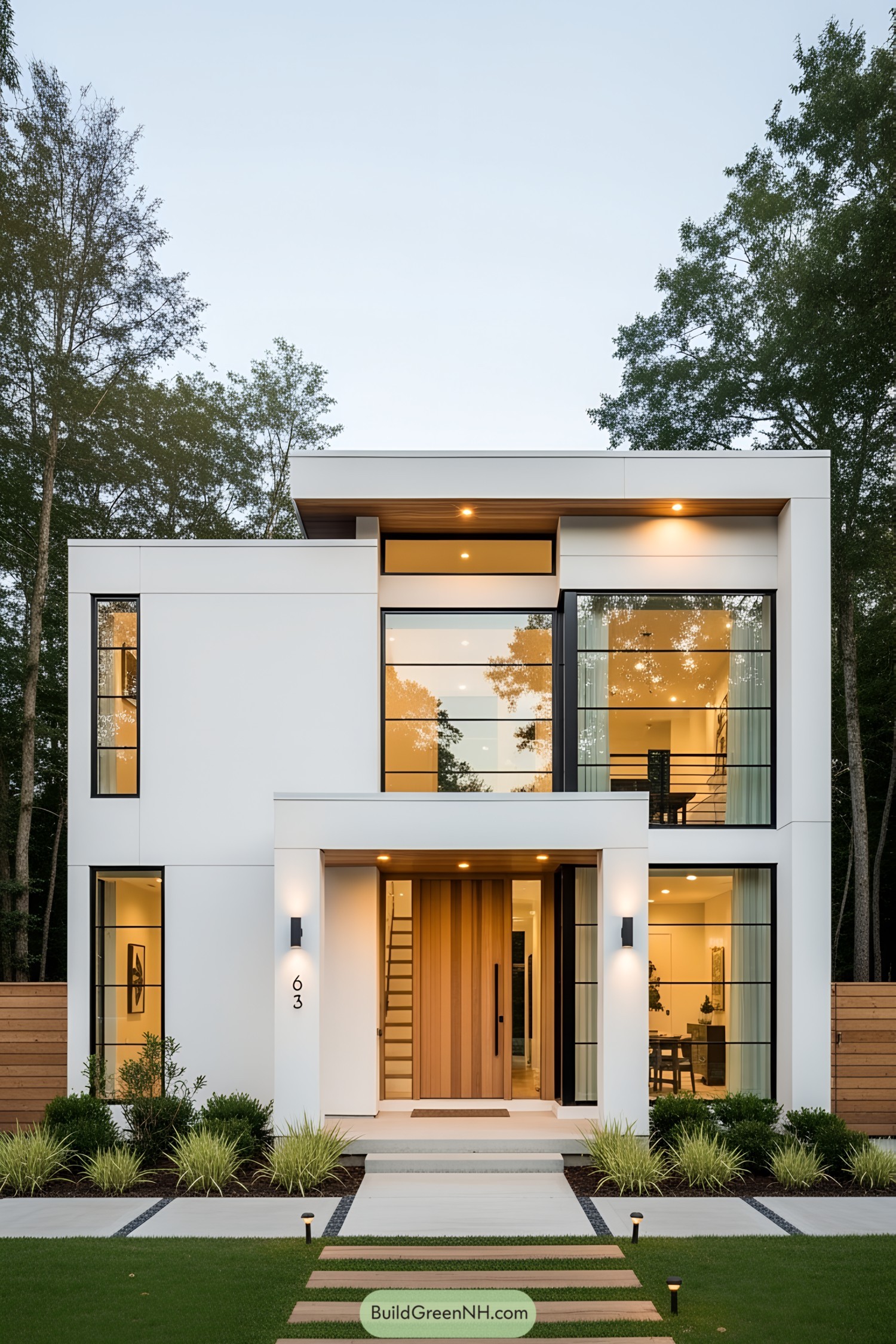Modern house with large windows and wooden accents surrounded by trees