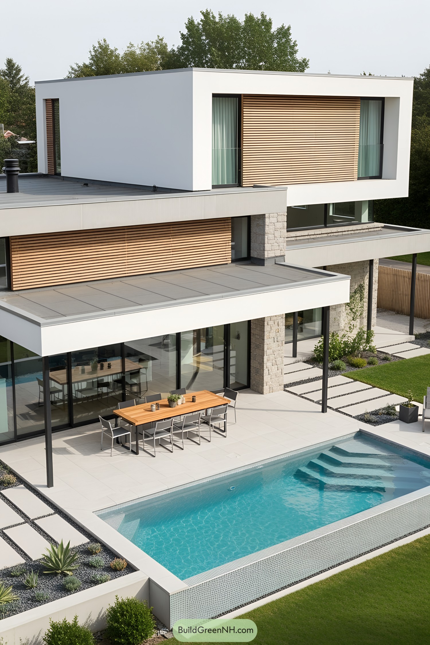 Modern house with a pool and wooden accents
