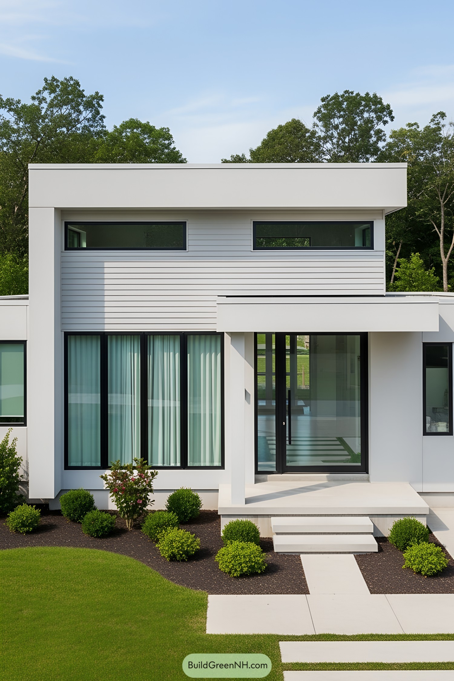 Modern white house with geometric design and lush greenery