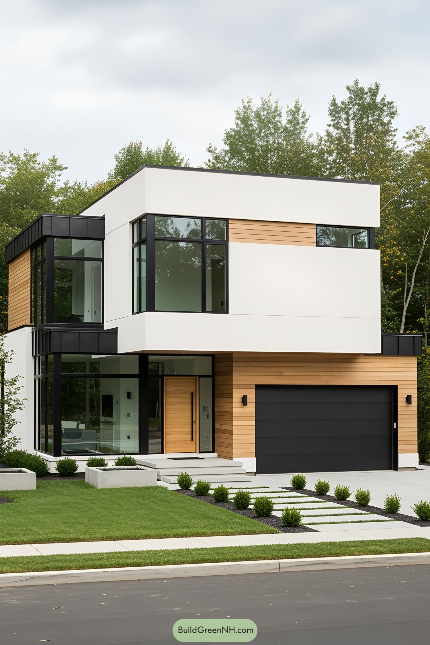 Modern house with wooden accents and lush surroundings