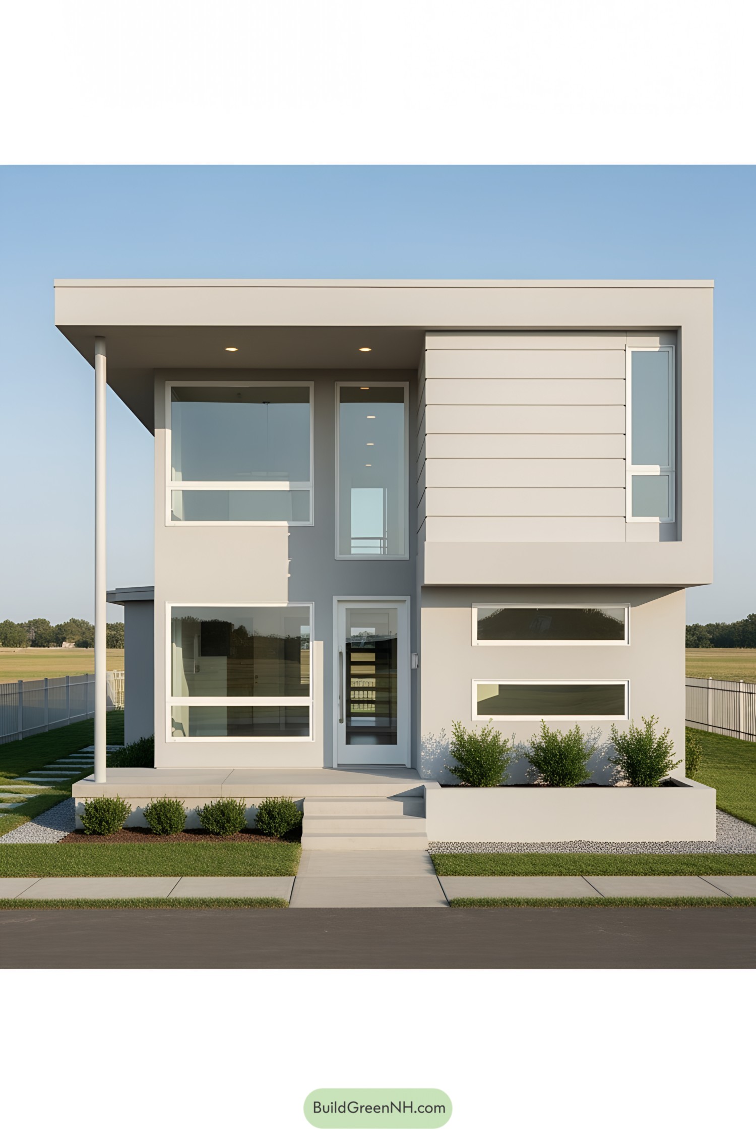 Simple modern two-story house with large windows