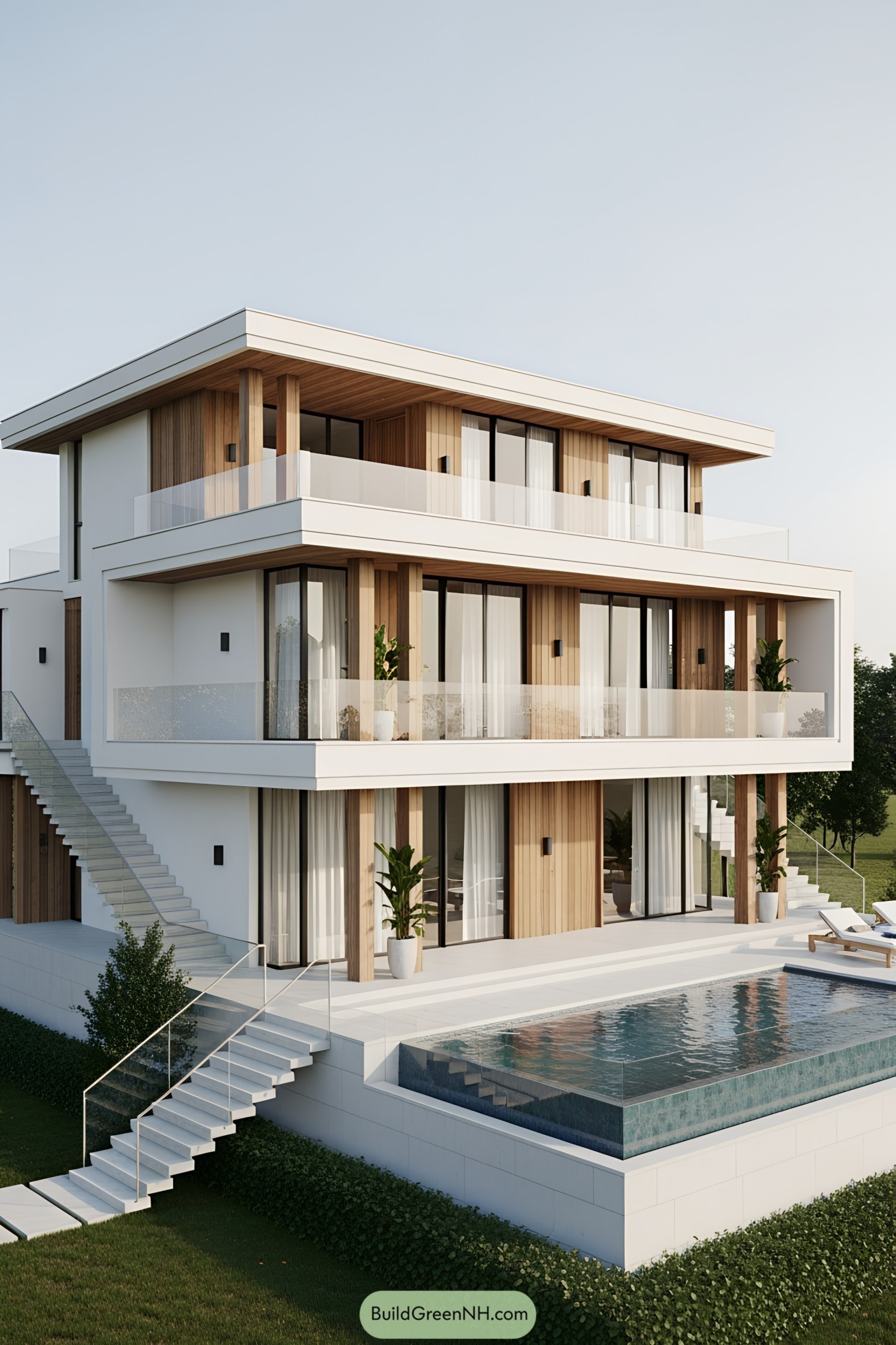 Modern three-story house with pool and wooden accents