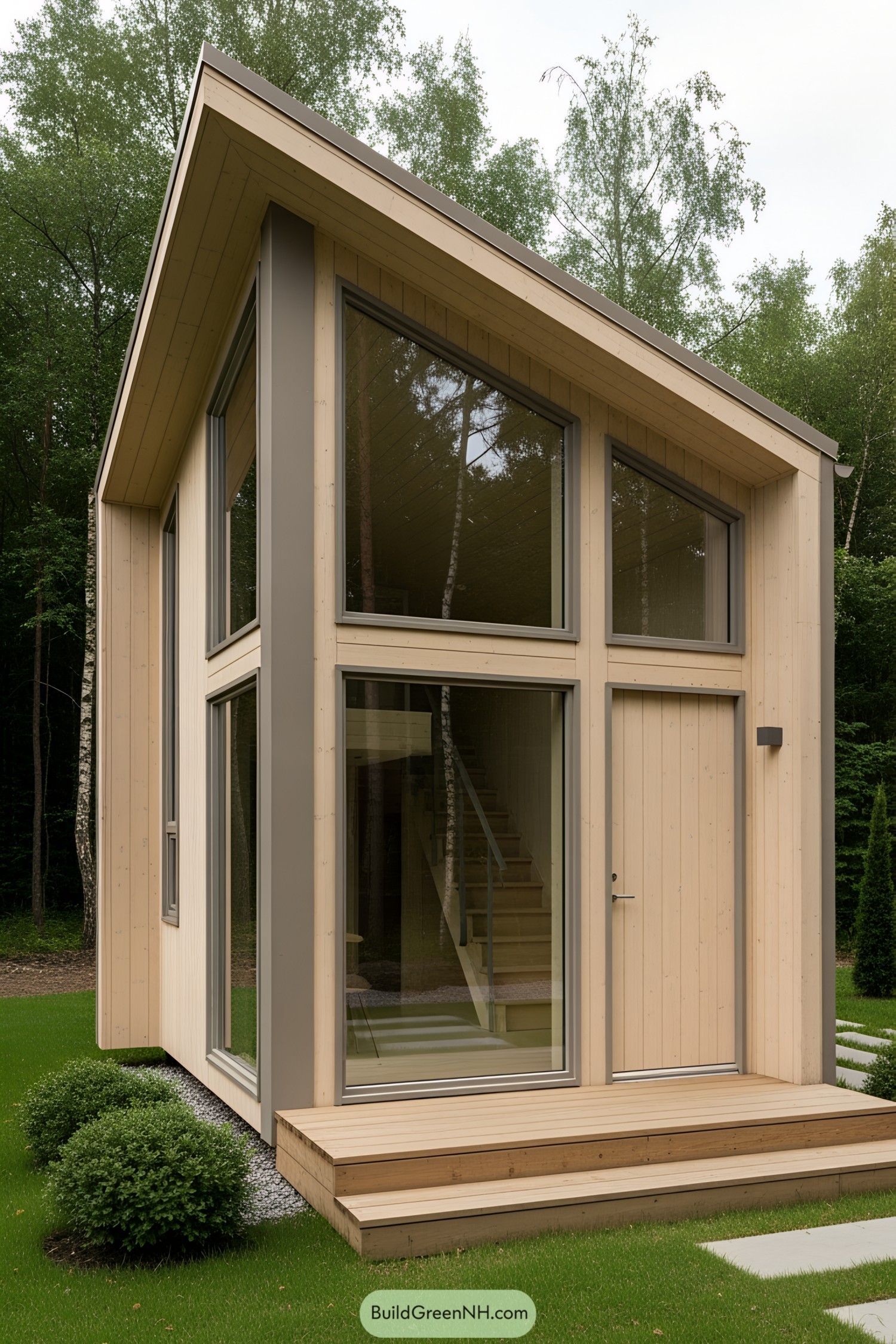 Compact wooden house with large windows