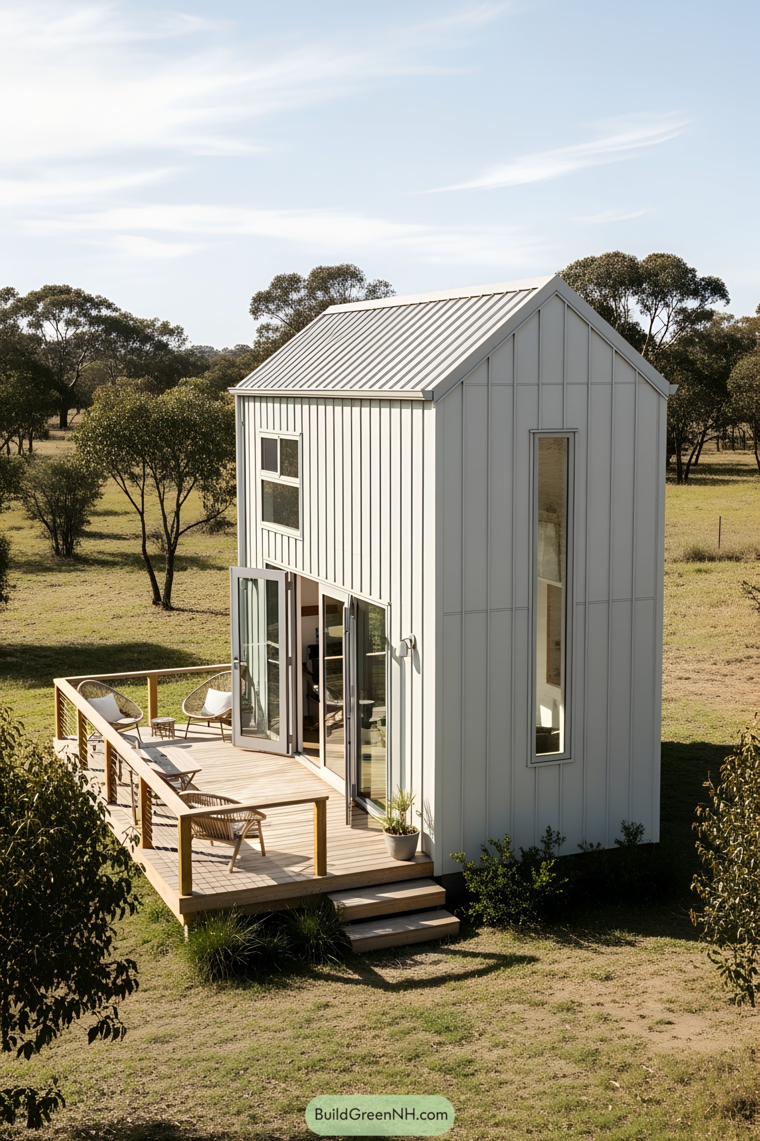 Tiny house with a deck overlooking grassy fields