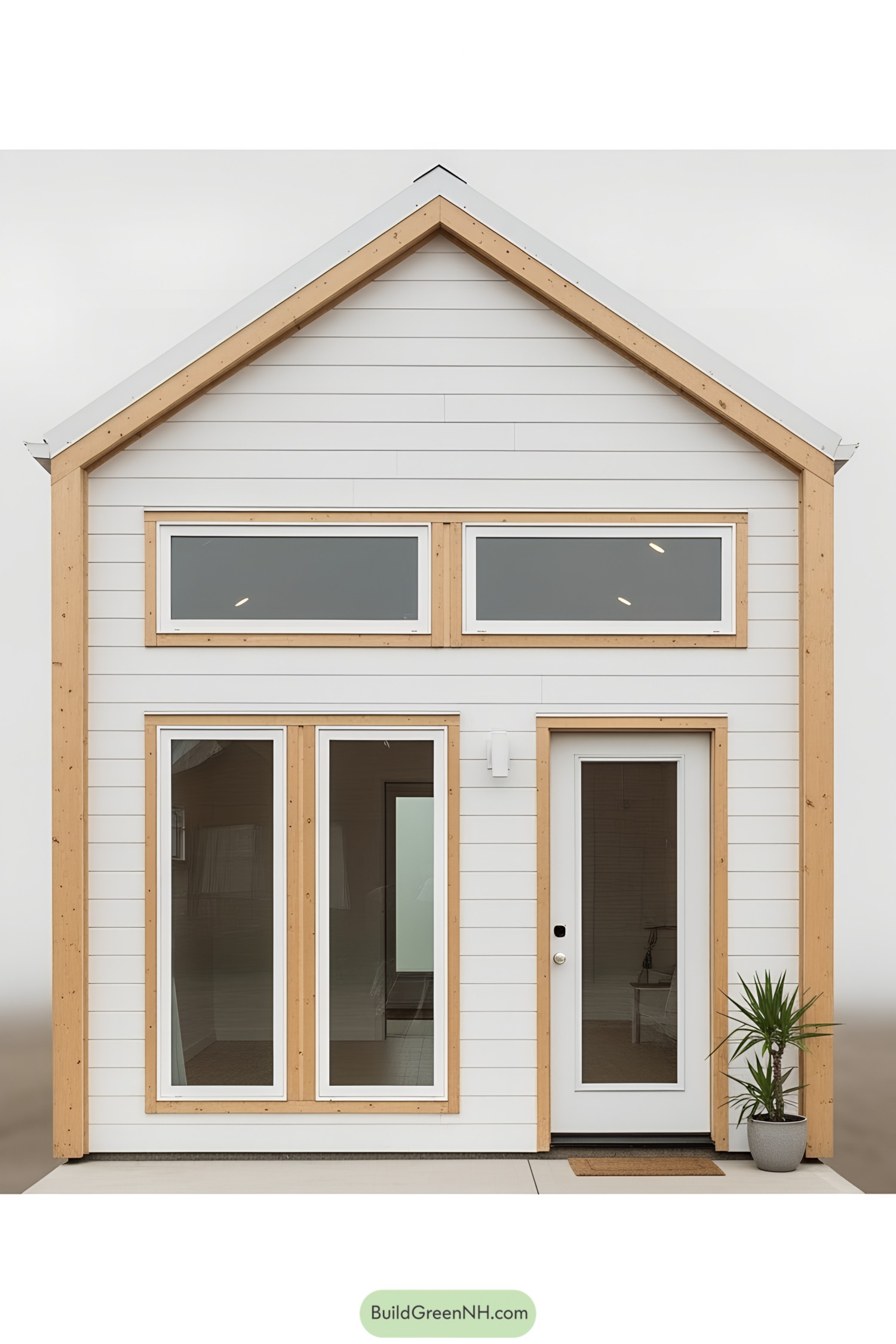 Small white tiny house with a plant by the door