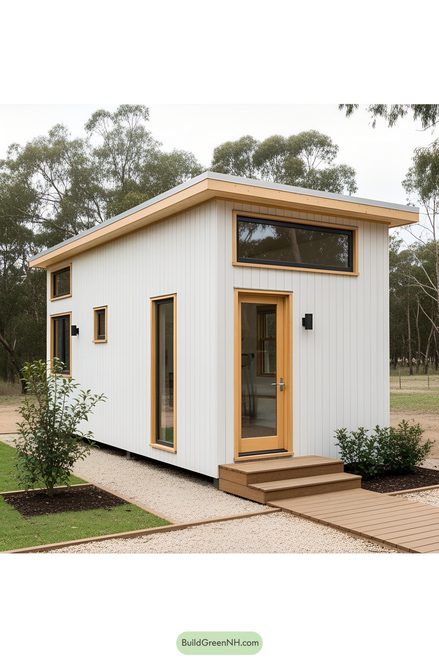 Compact white tiny house with wood trim and greenery