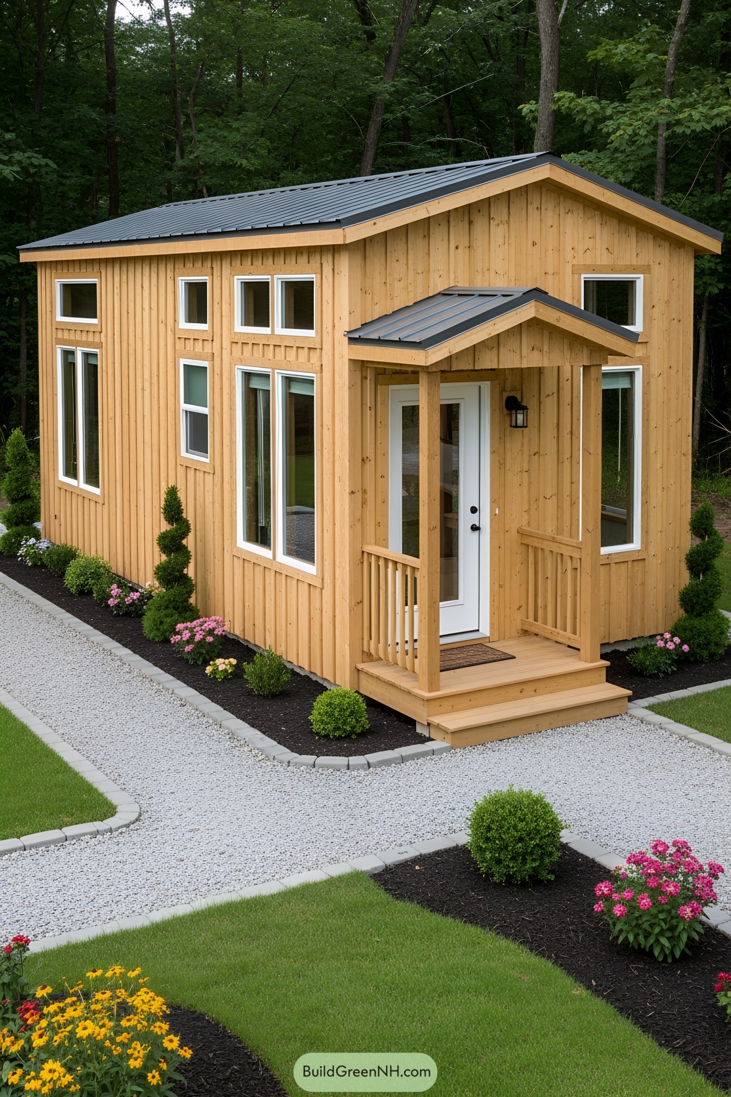 Small wooden house with a modern design surrounded by manicured gardens