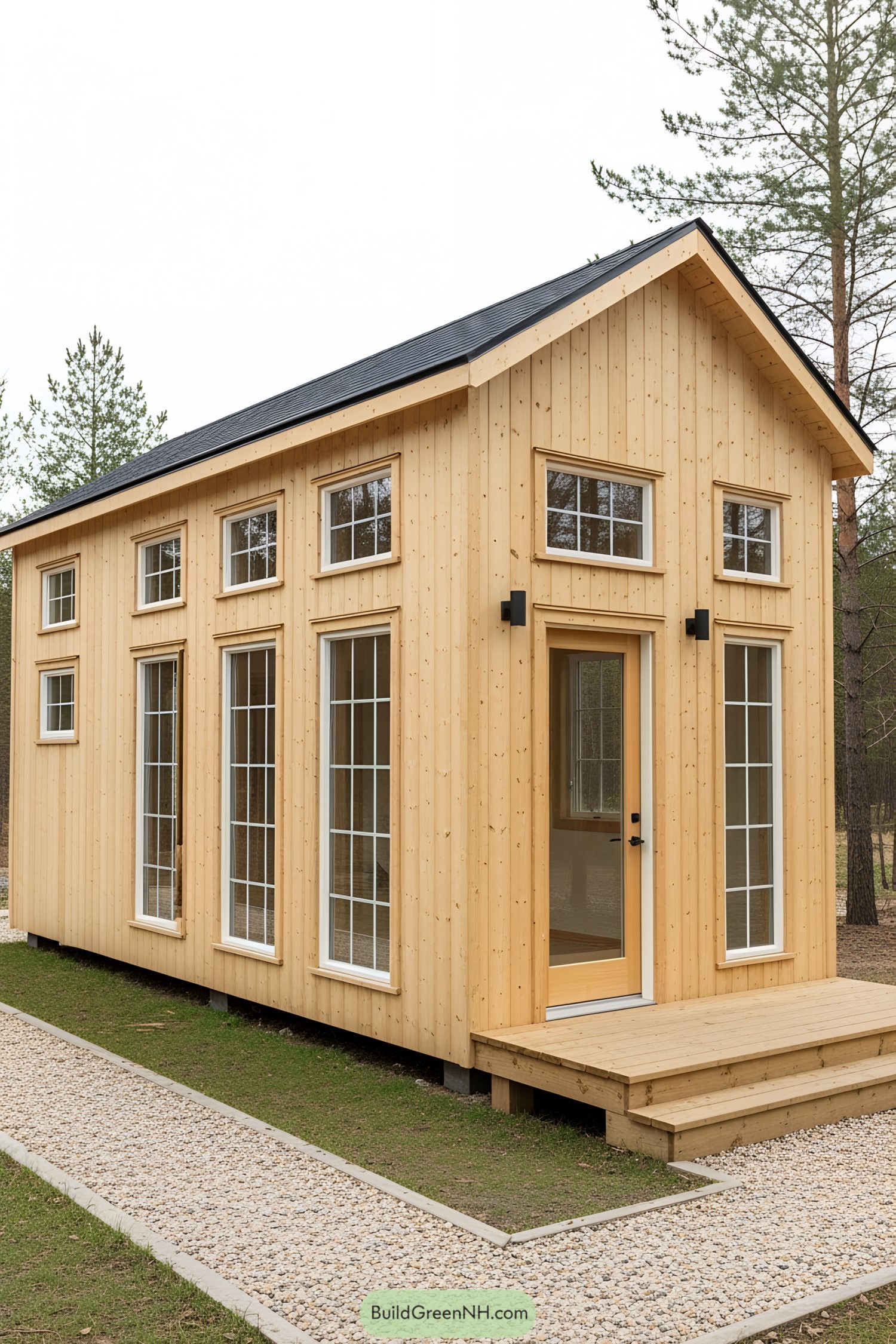 Wooden tiny house with floor-to-ceiling windows