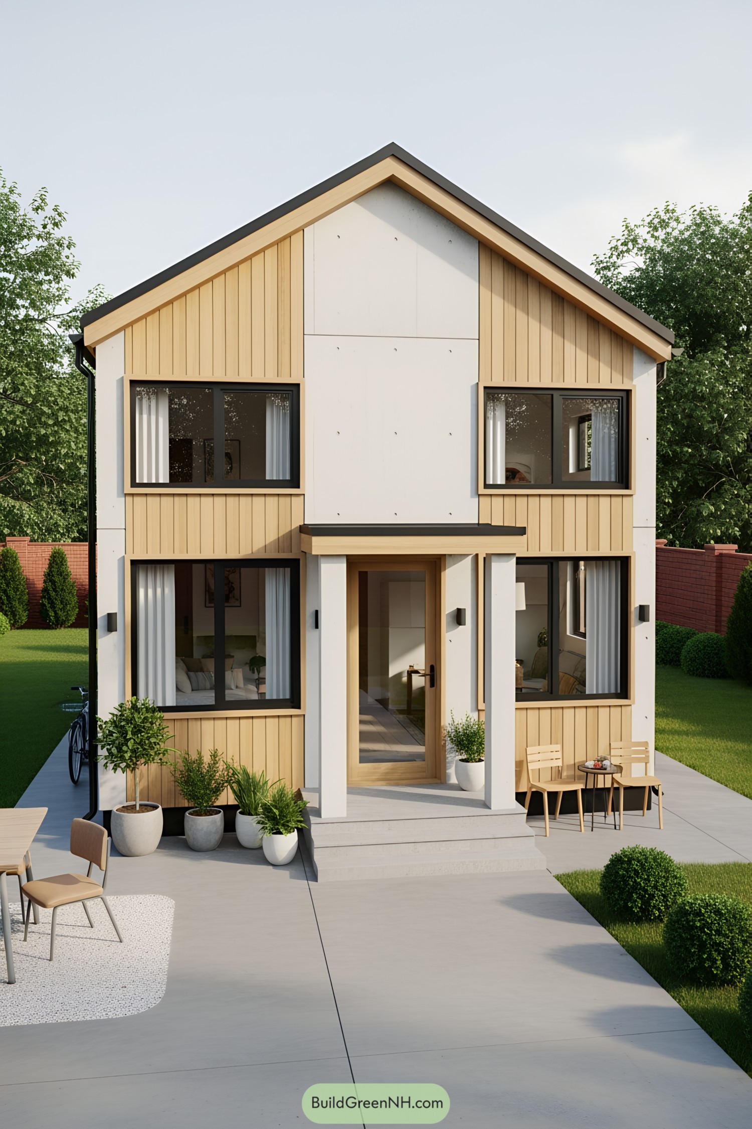 Modern small house with wooden accents and potted plants
