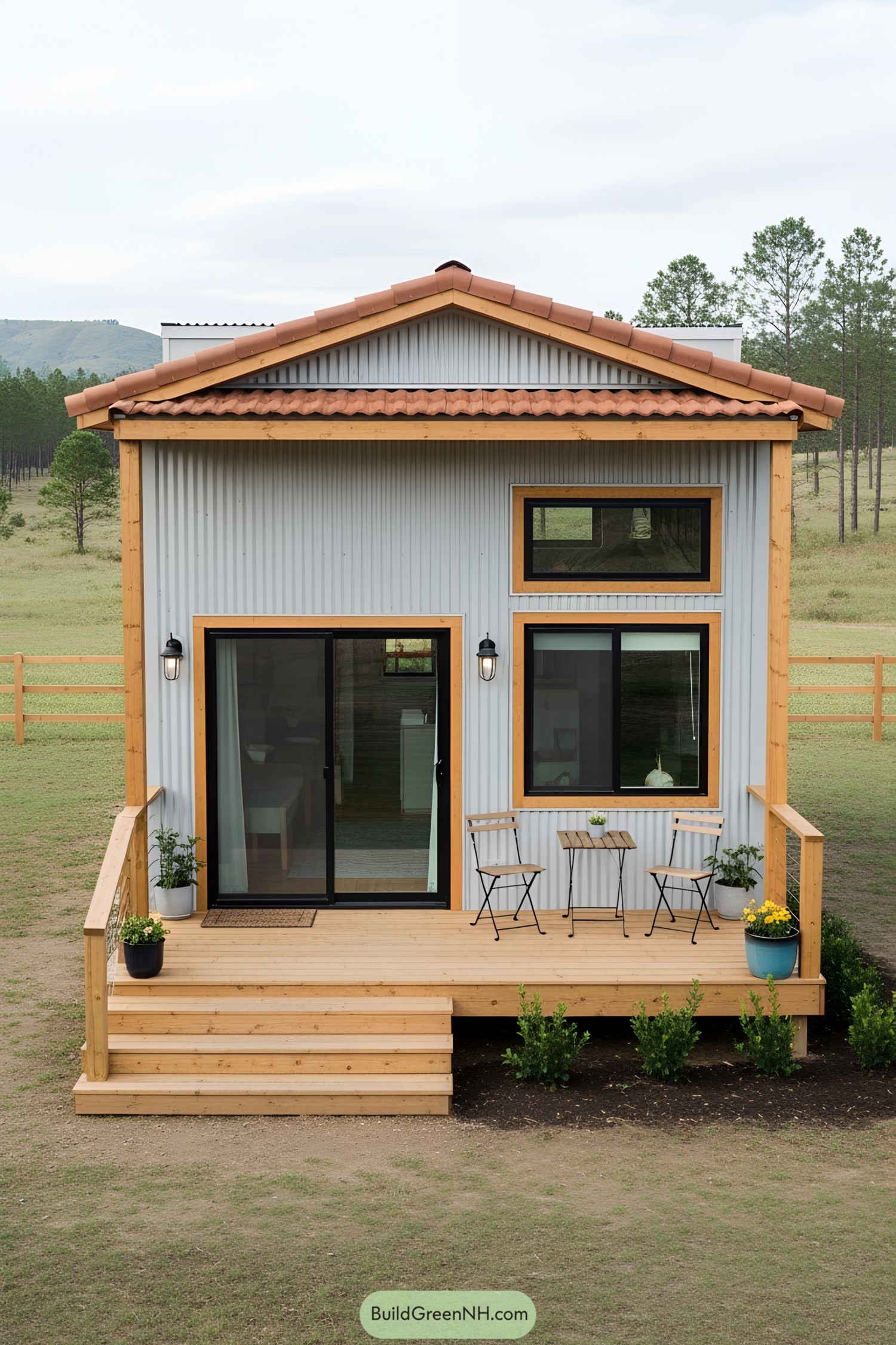 Small modern tiny house with wooden porch and potted plants