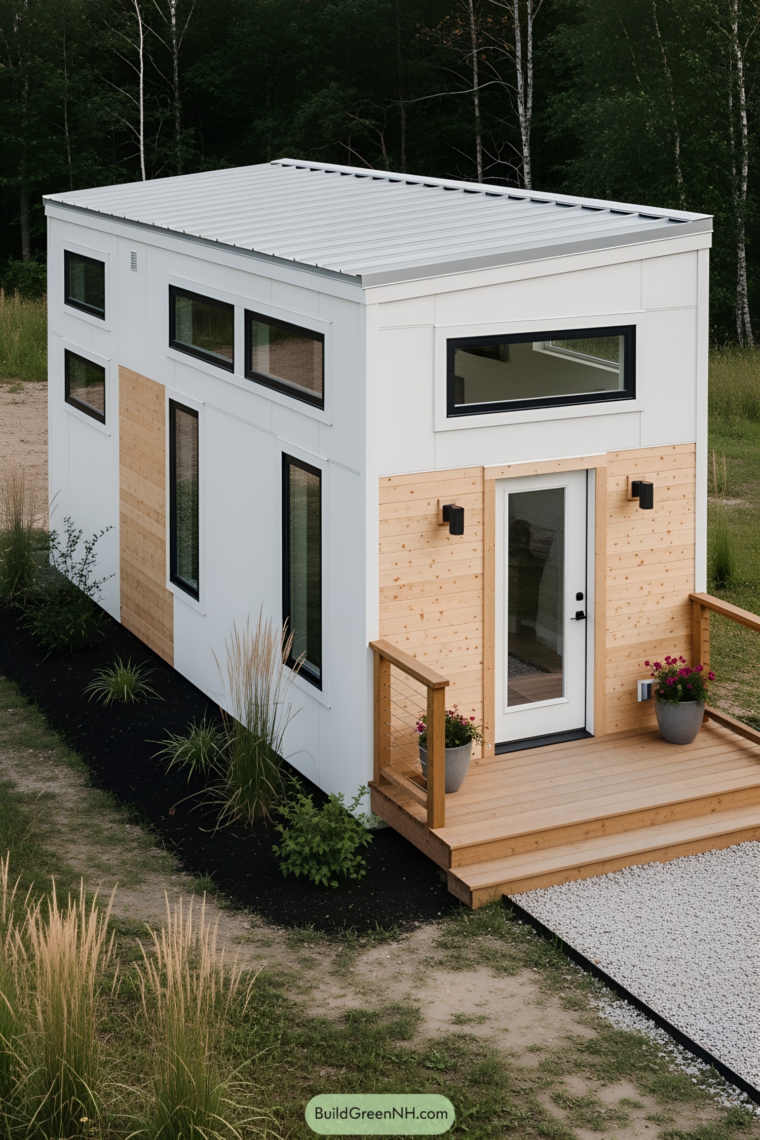 Modern tiny house with a mix of white and wood panels