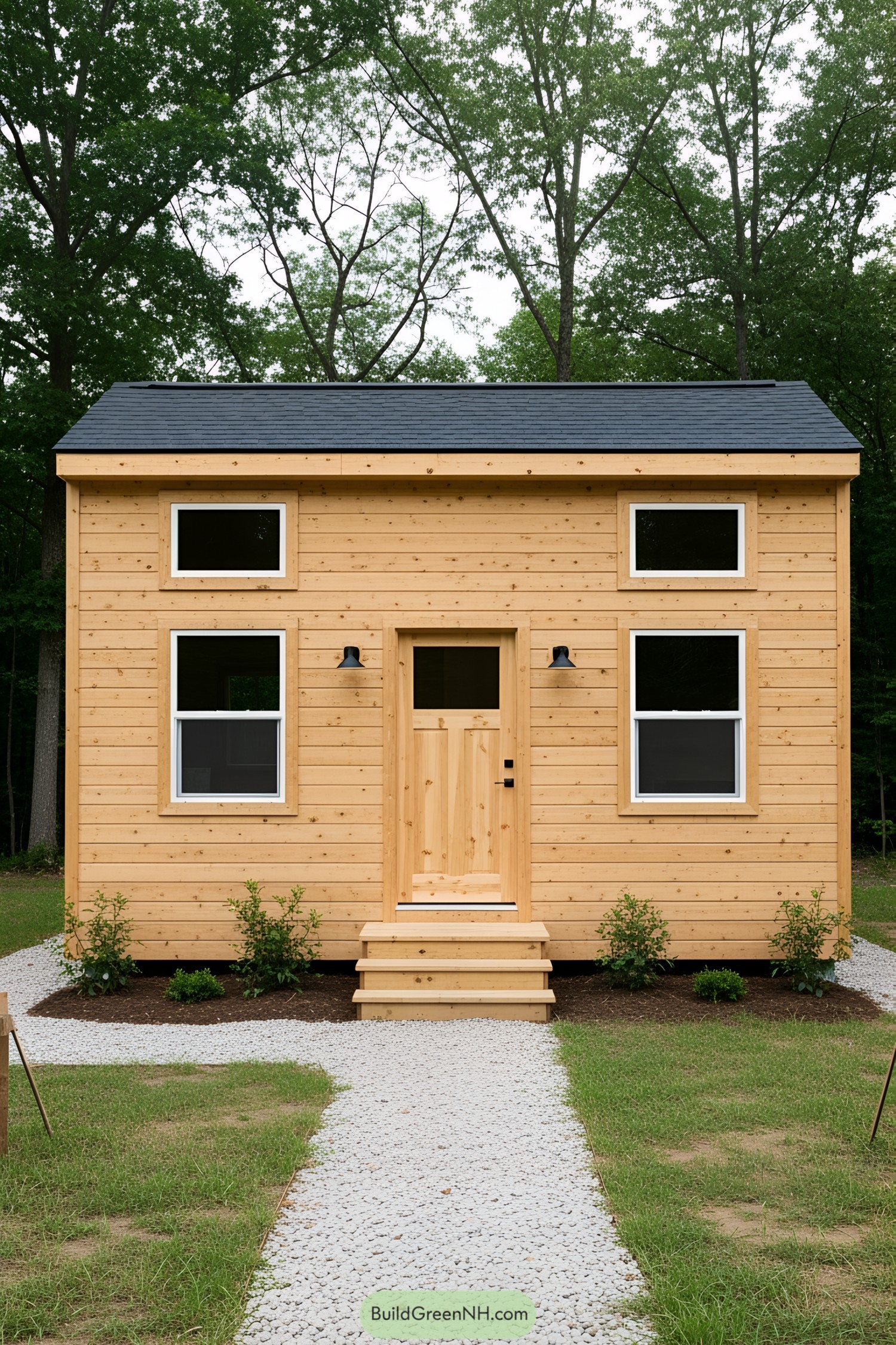 Simple wooden tiny house with greenery