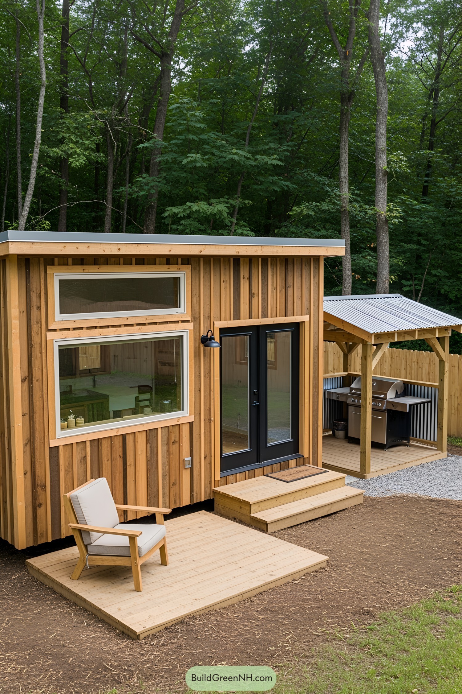 Compact wooden house with a small deck and grilling area